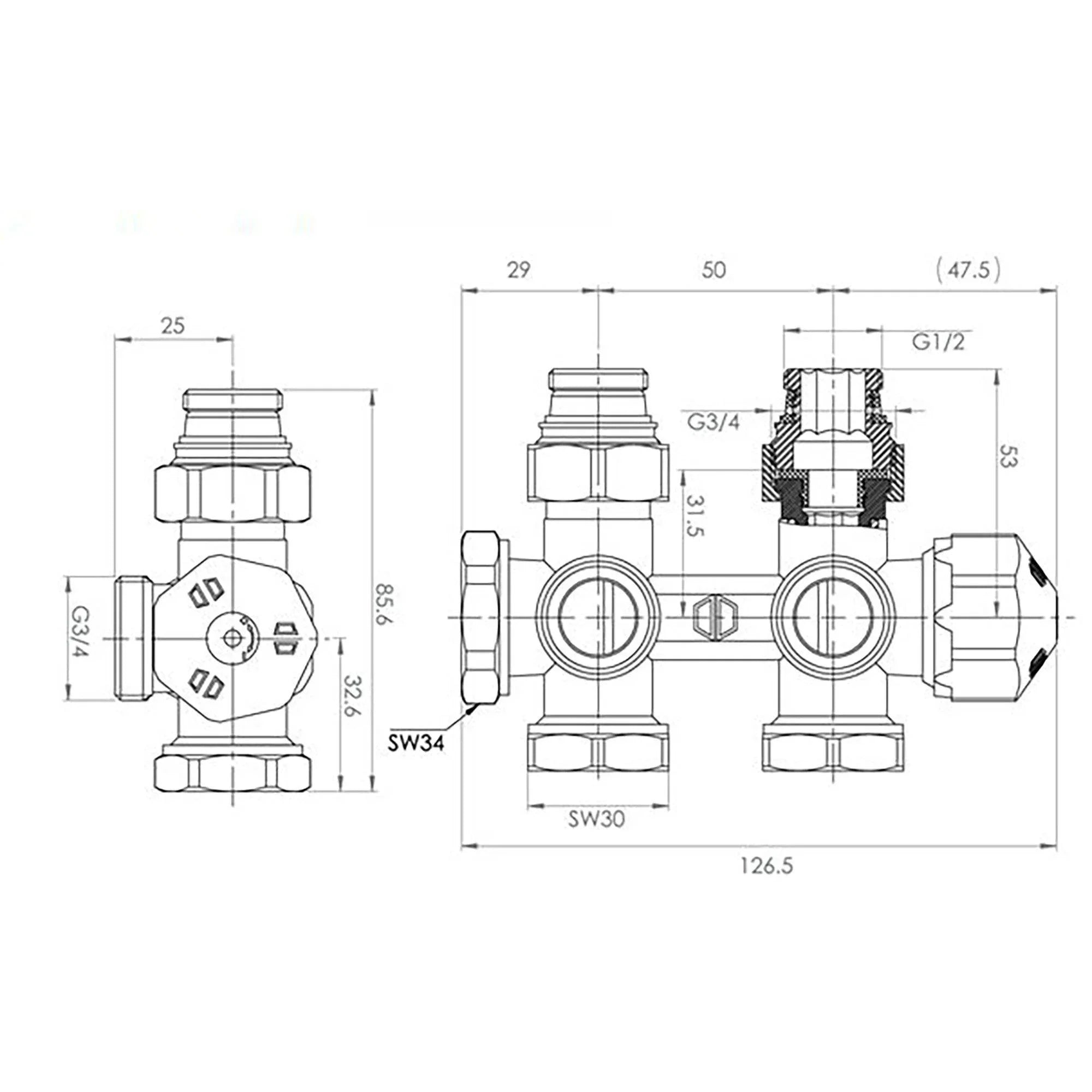 Anschlussset für Badheizkörper Universal 50 mm weiß Skizze - heizkoerper.shop