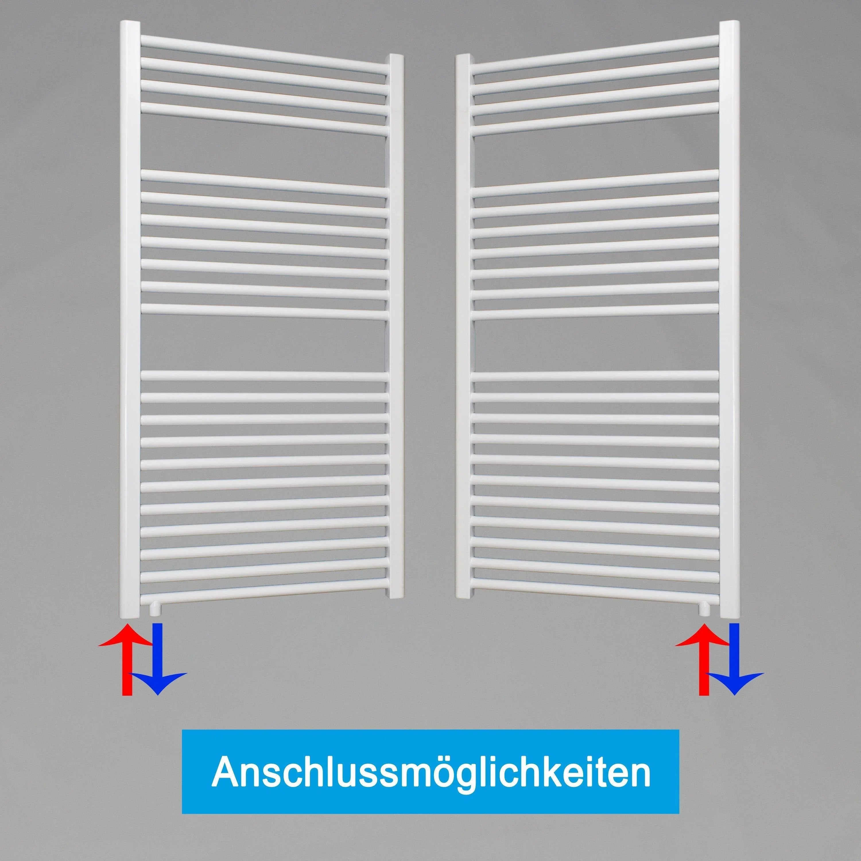 Handtuchheizkörper mit Anschluss links oder rechts | mit versetztem Mittelanschluss