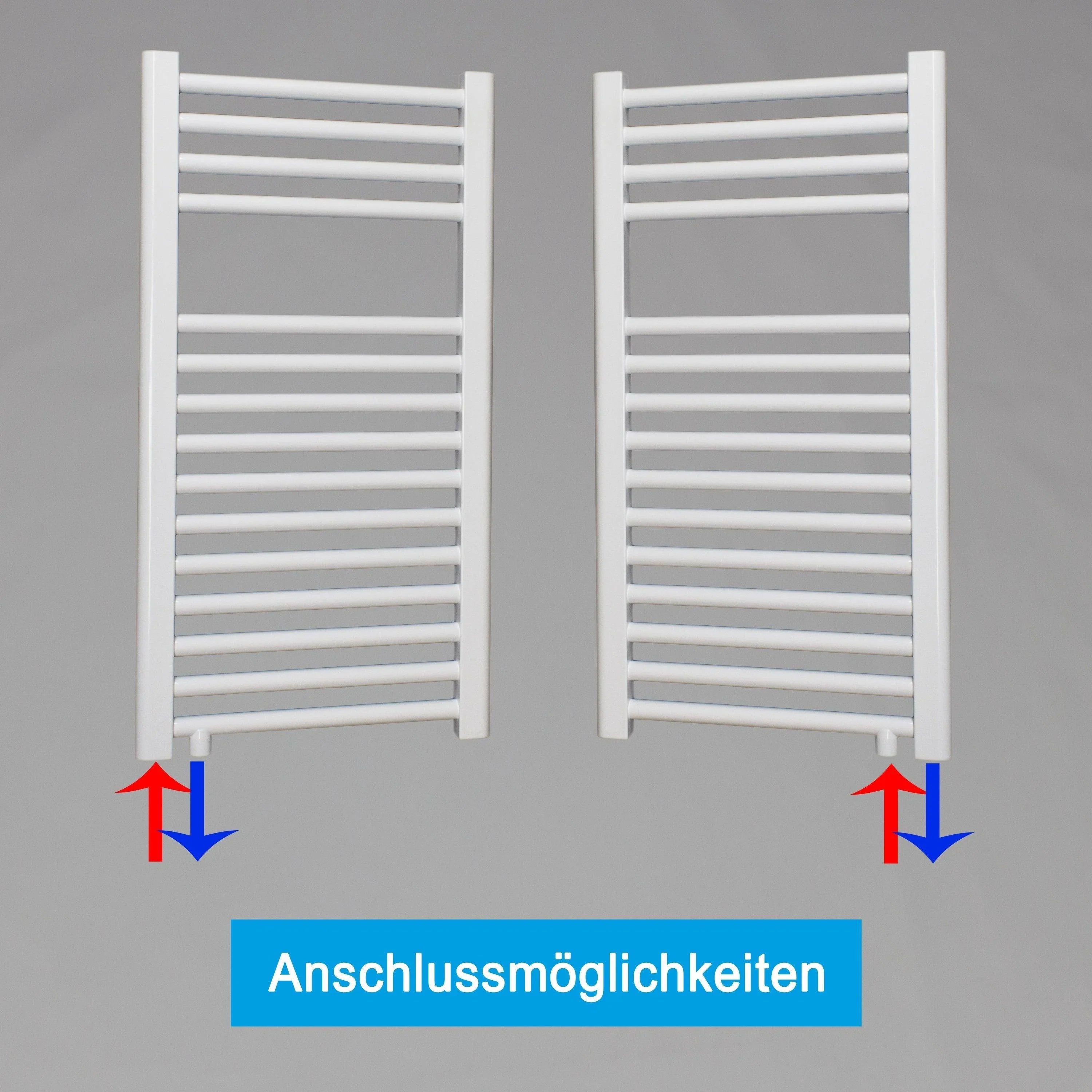 Handtuchheizkörper mit Anschluss links oder rechts | mit versetztem Mittelanschluss