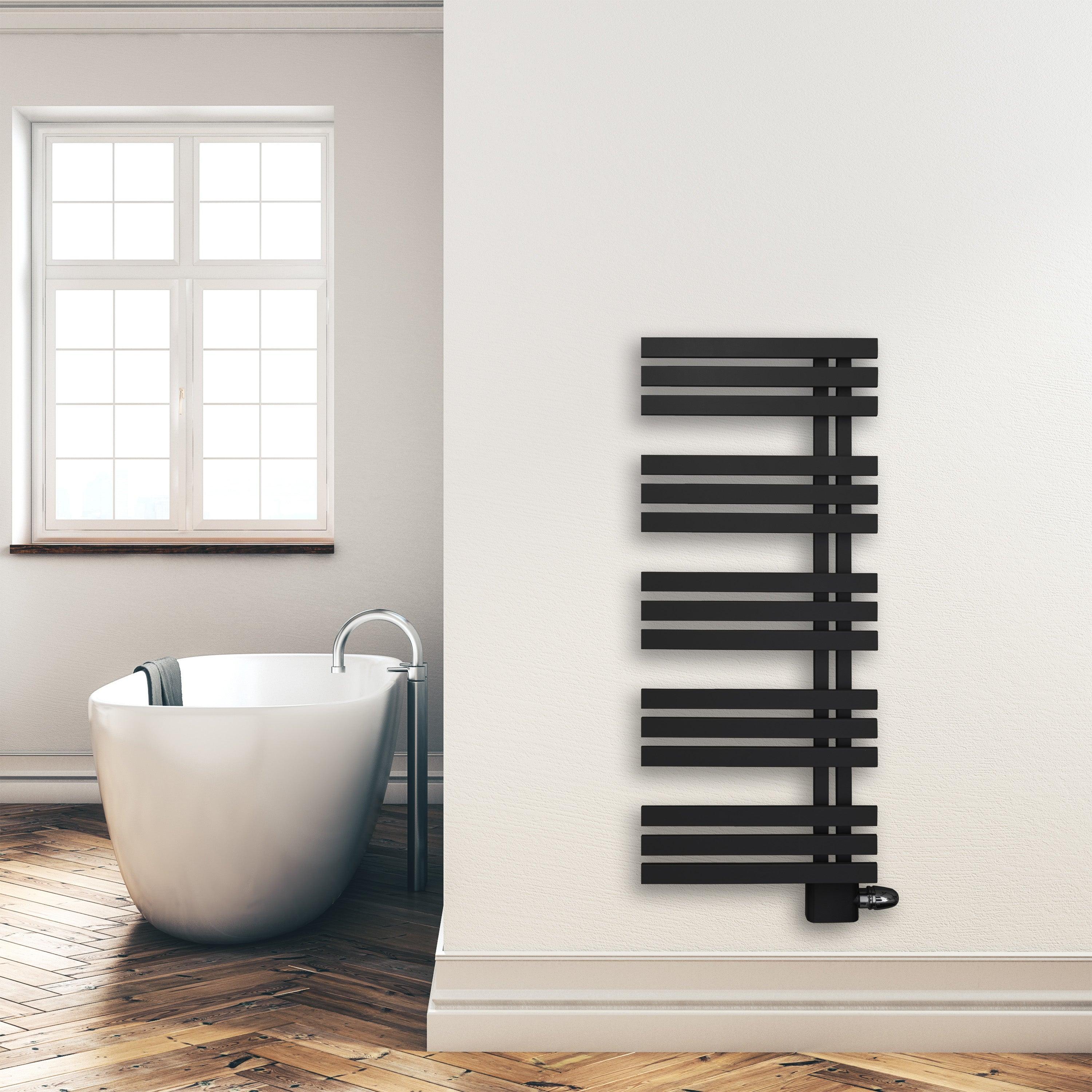Badheizkörper 1200x500mm Anschluss links rechts schwarz matt seitlich offen Anschluss rechts - heizkoerper.shop