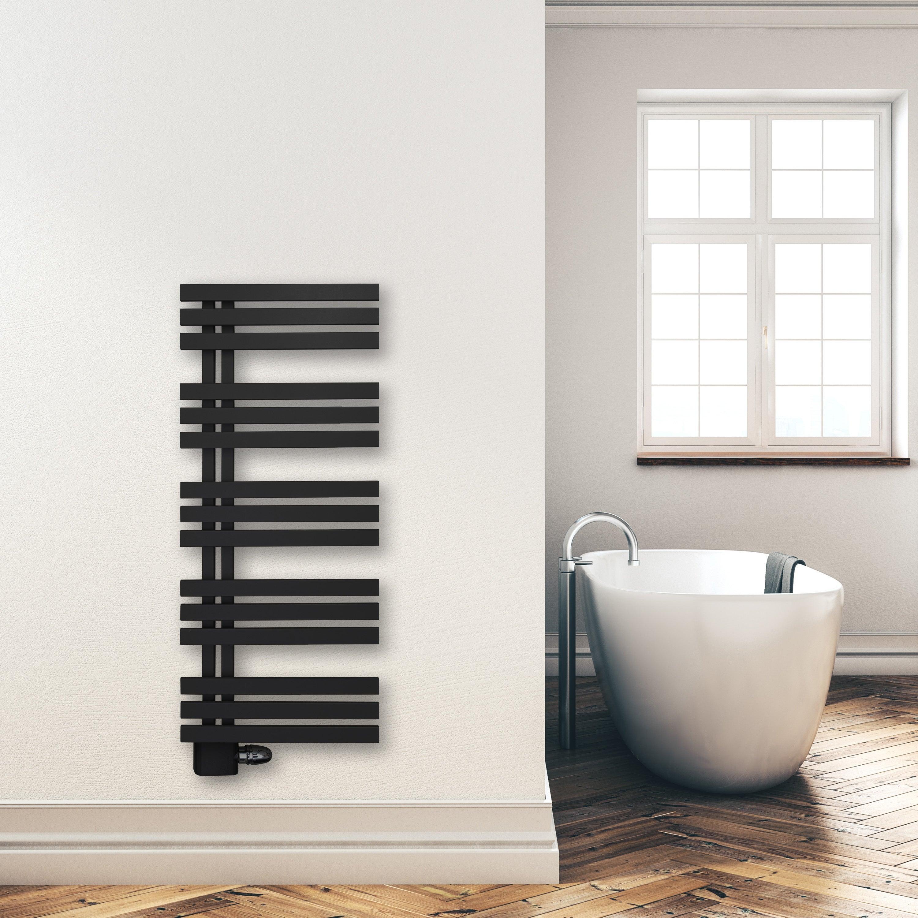 Badheizkörper 1200x500mm Anschluss links rechts schwarz matt seitlich offen Anschluss links - heizkoerper.shop