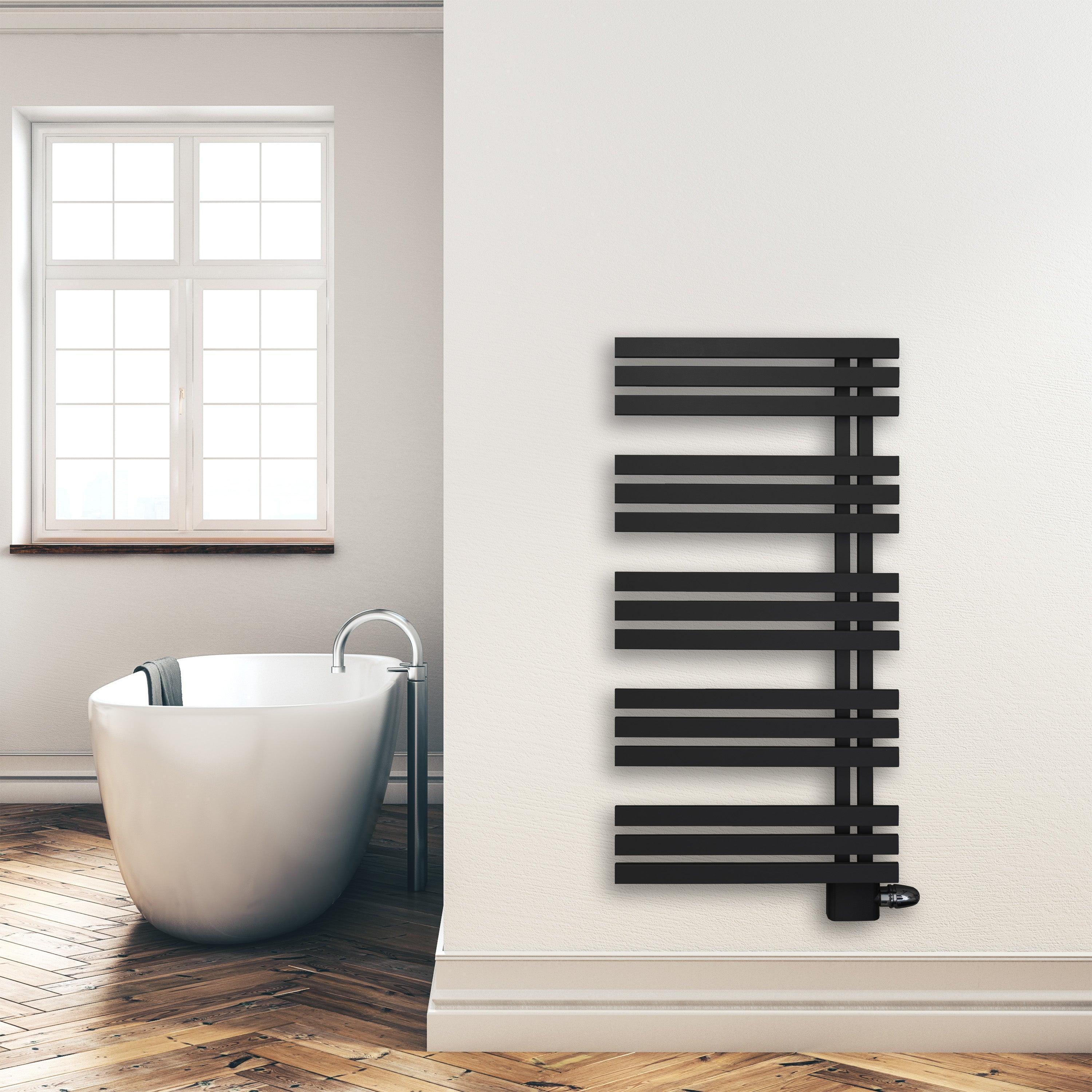 Badheizkörper 1200x600mm Anschluss links rechts schwarz matt seitlich offen Anschluss rechts - heizkoerper.shop