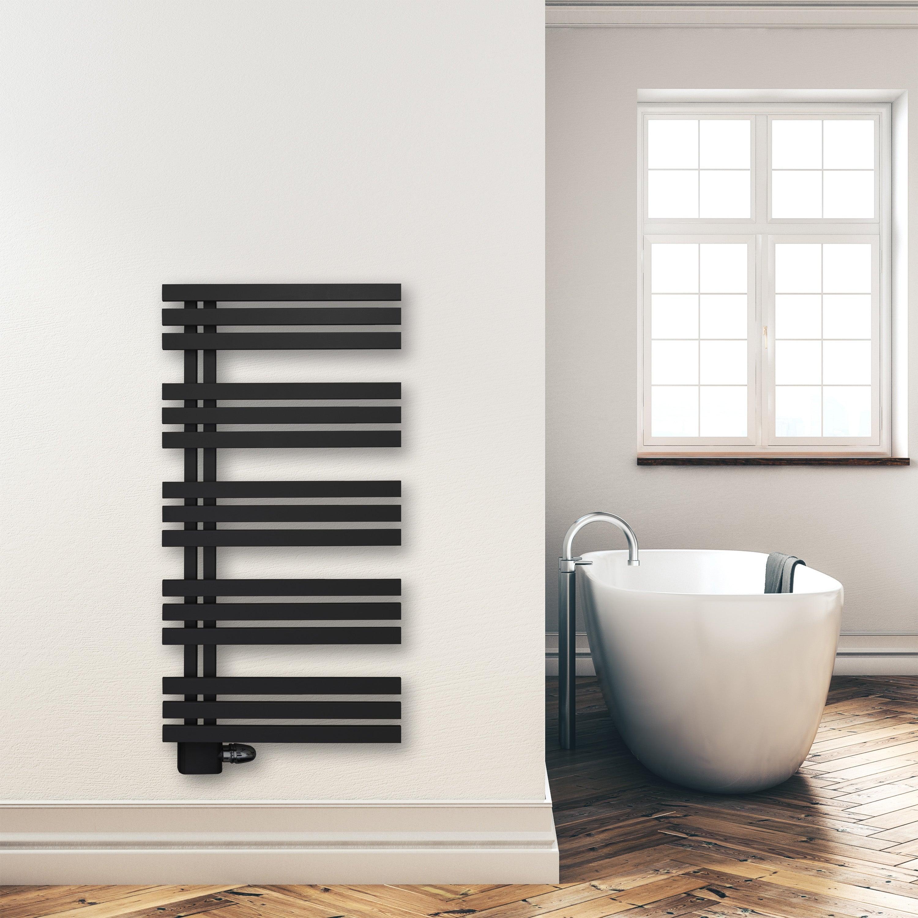 Badheizkörper 1200x600mm Anschluss links rechts schwarz matt seitlich offen Anschluss links - heizkoerper.shop