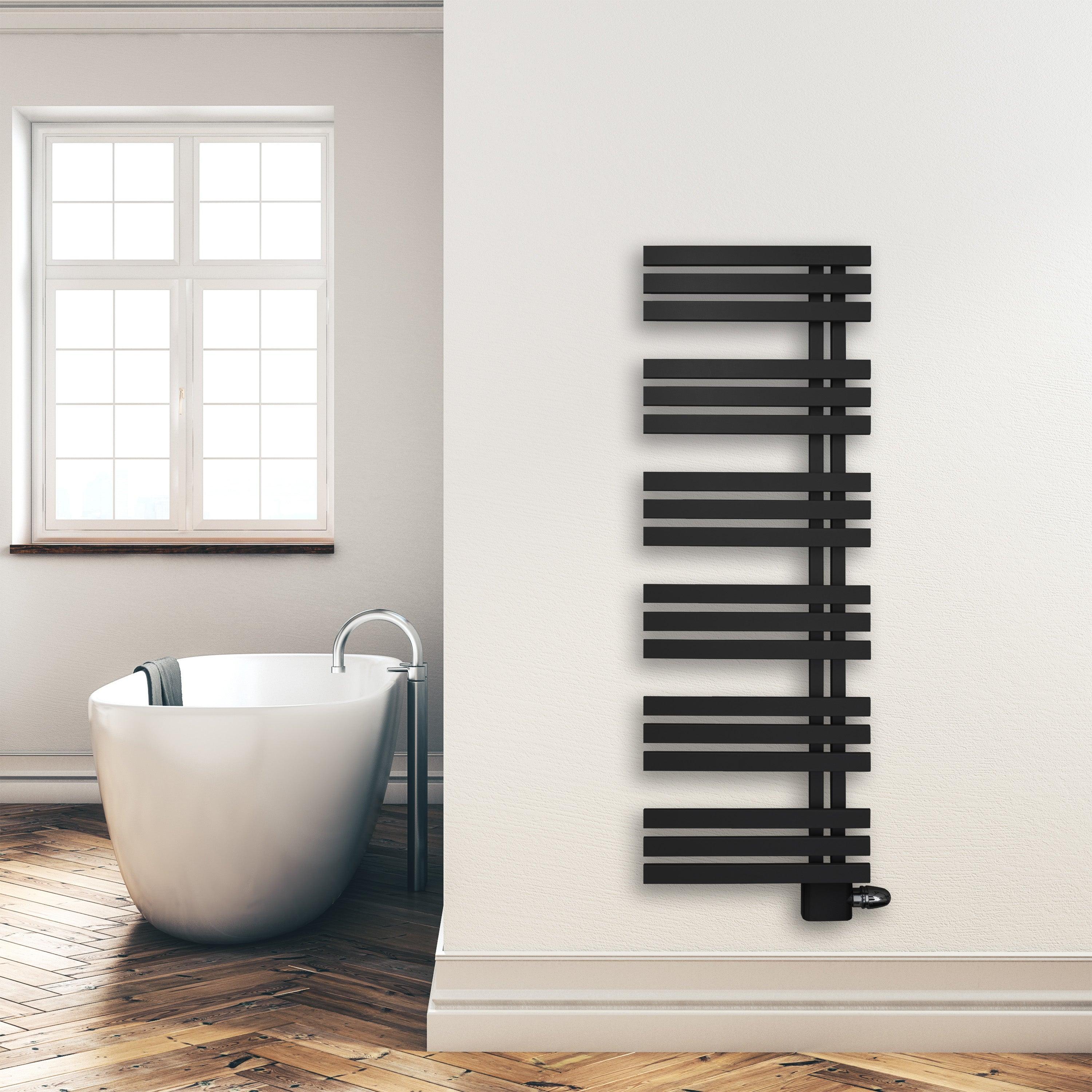 Badheizkörper 1400x500mm Anschluss links rechts schwarz matt seitlich offen Anschluss rechts - heizkoerper.shop