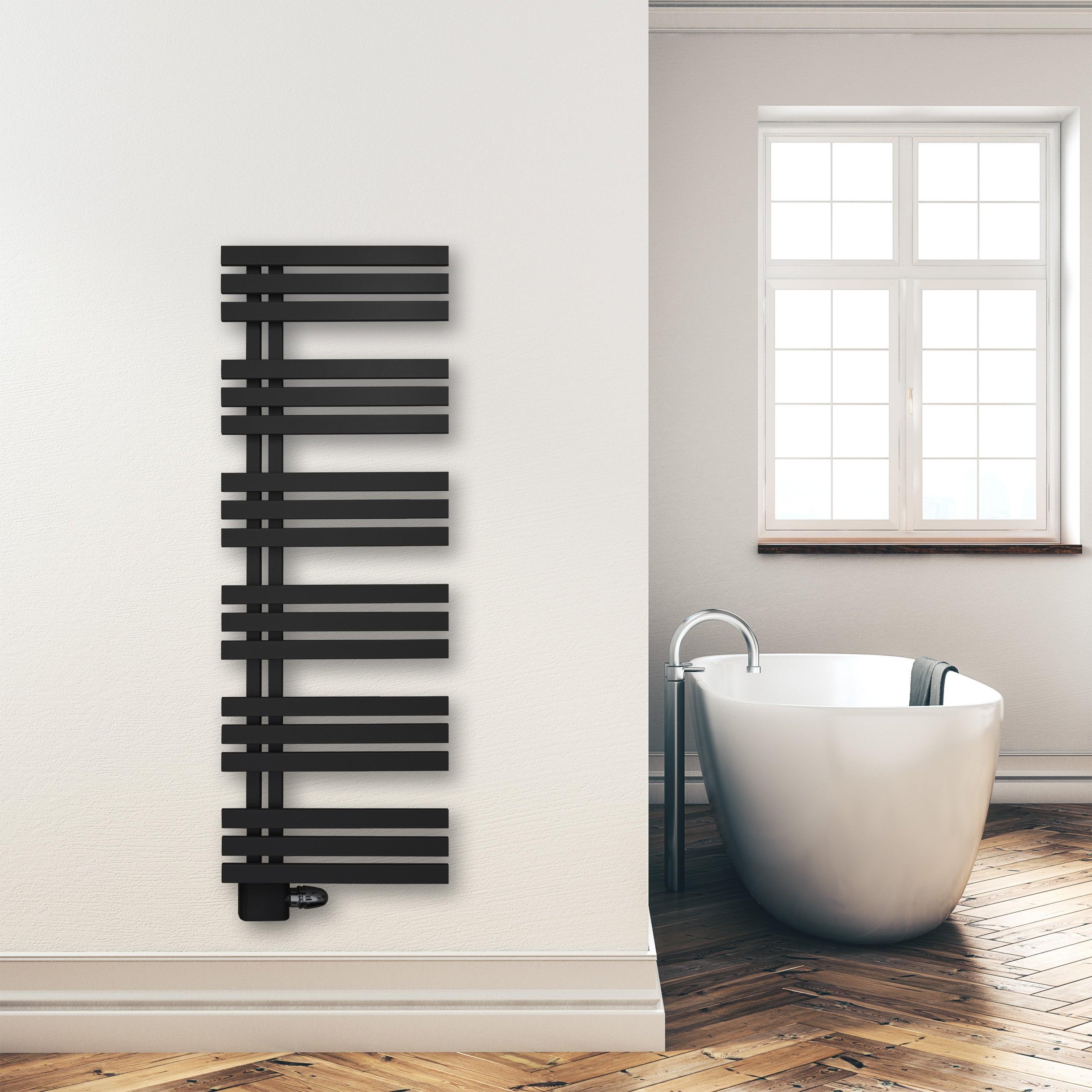 Badheizkörper 1400x500mm Anschluss links rechts schwarz matt seitlich offen Anschluss links- heizkoerper.shop