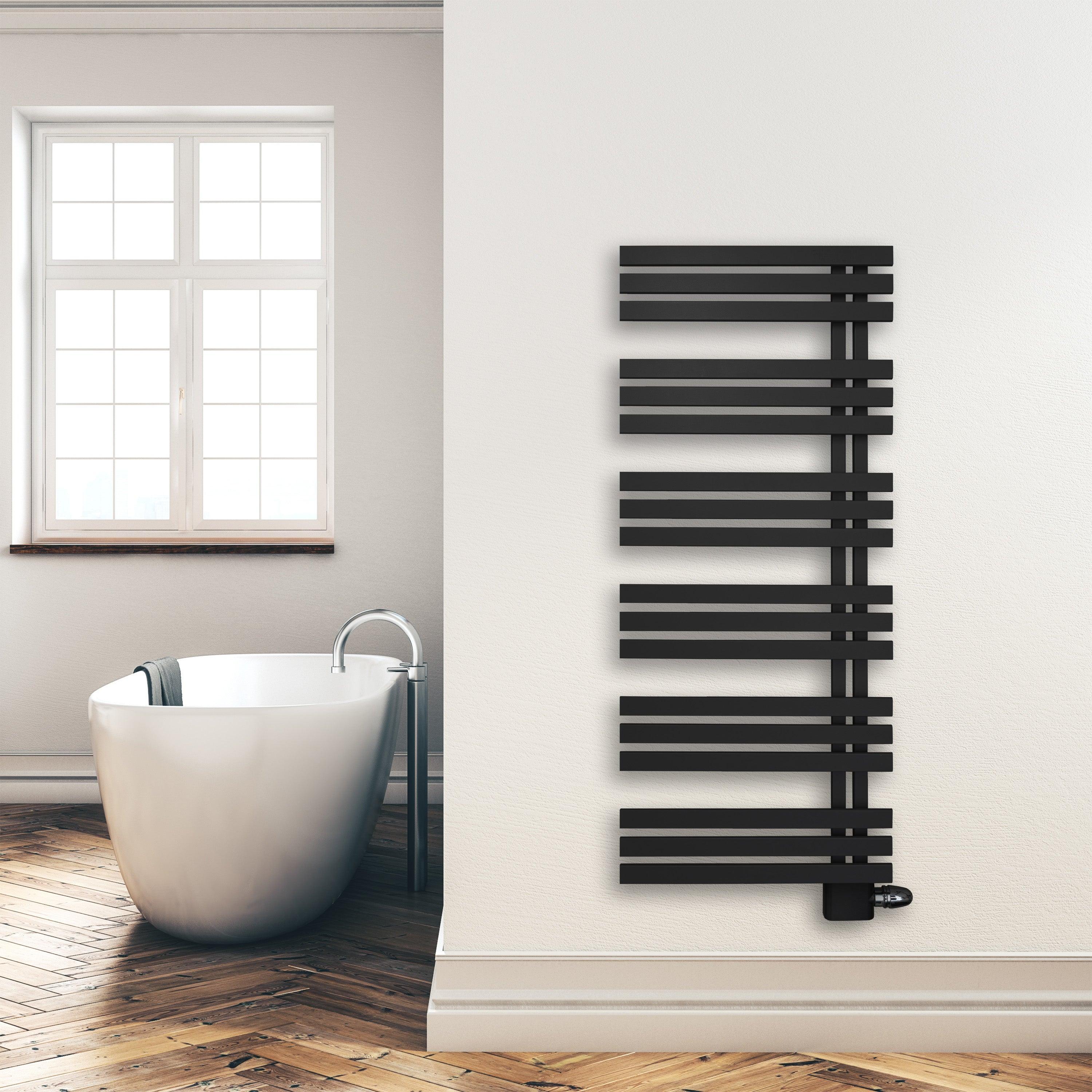 Badheizkörper 1400x600mm Anschluss links rechts schwarz matt seitlich offen Anschluss rechts - heizkoerper.shop
