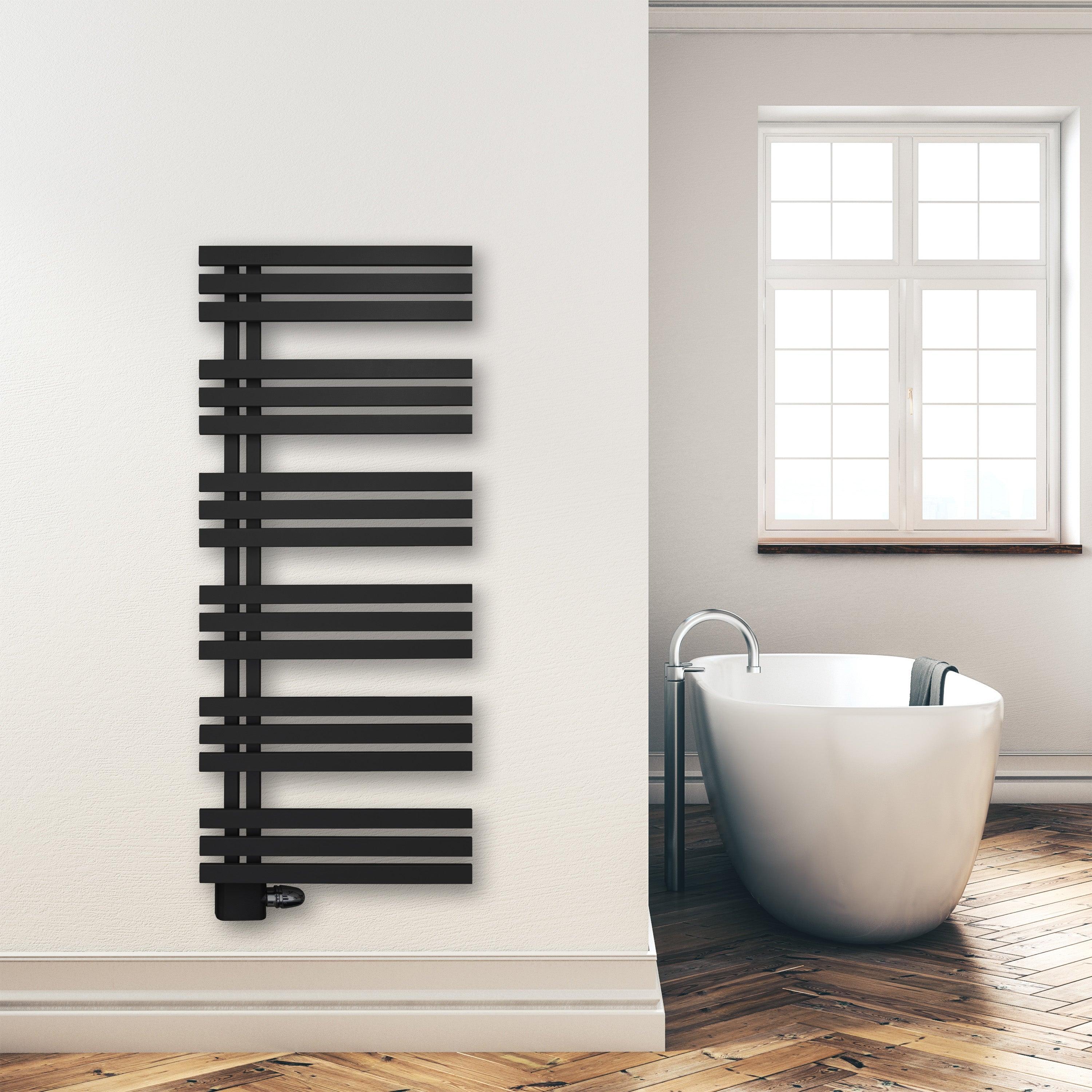 Badheizkörper 1400x600mm Anschluss links rechts schwarz matt seitlich offen Anschluss links - heizkoerper.shop