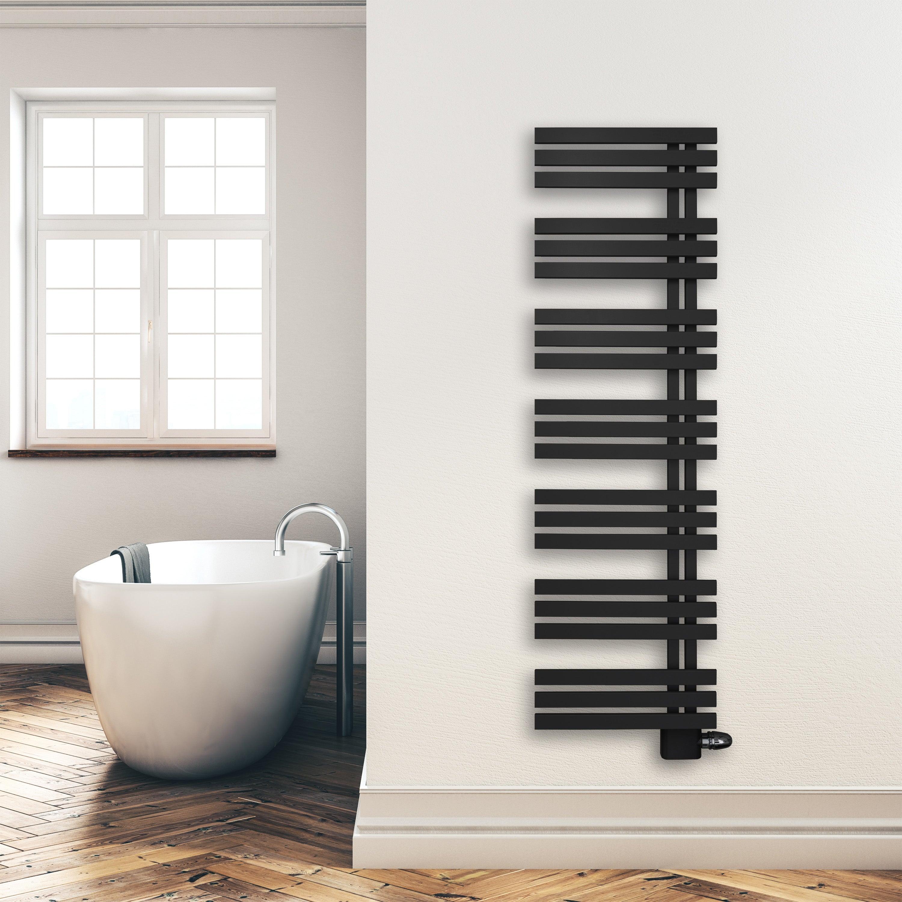 Badheizkörper 1600x500mm Anschluss links rechts schwarz matt seitlich offen Anschluss rechts - heizkoerper.shop