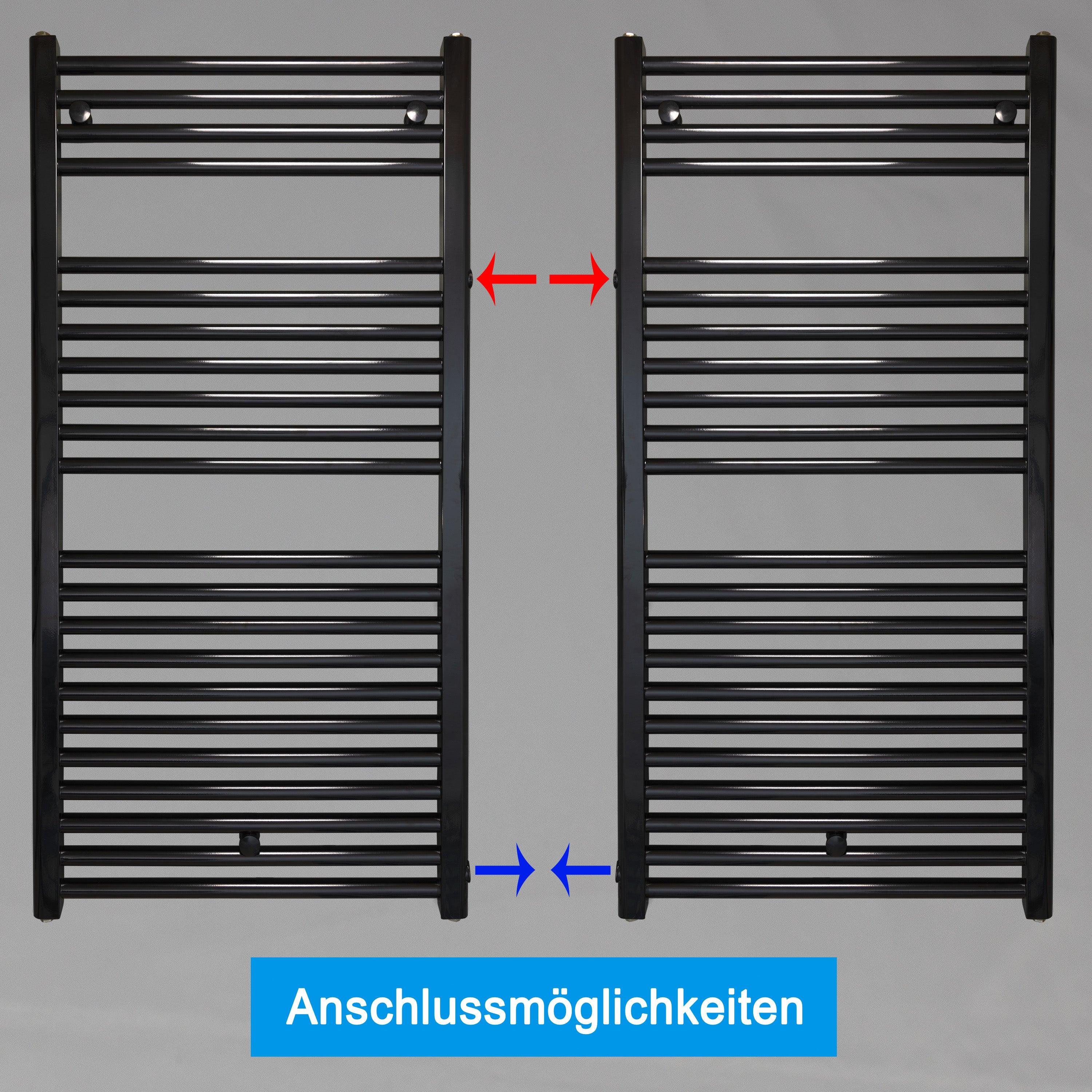 Badheizkörper Austauschheizkörper 1160 x 600 links rechts Seitenanschluss Nabenanschluss seitlicher Anschlussmöglichkeiten 850 Renovierung schwarz - heizkoerper.shop