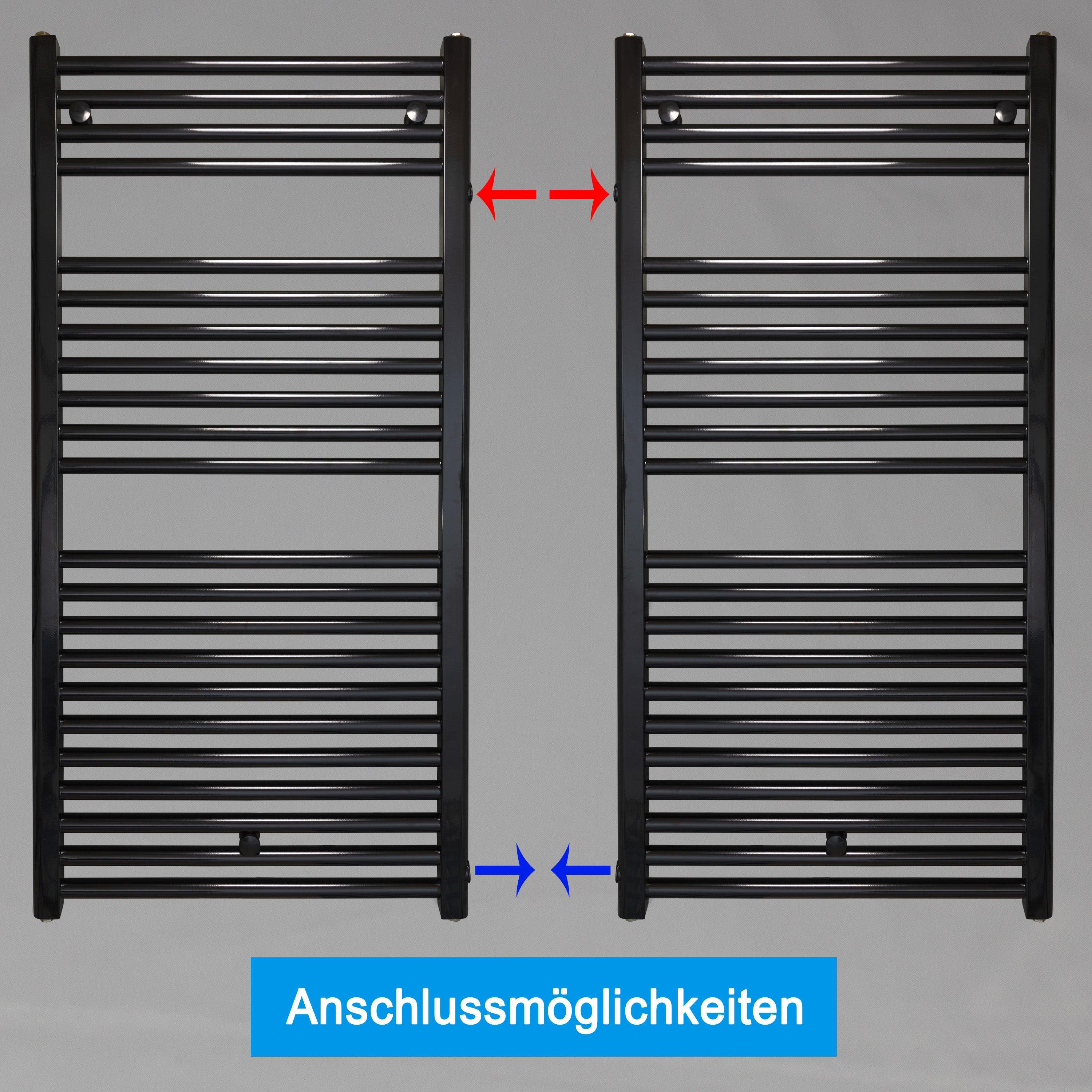 Badheizkörper Austauschheizkörper 1160 x 600 links rechts Seitenanschluss Nabenanschluss seitlicher Anschlussmöglichkeiten 900 940 Renovierung schwarz - heizkoerper.shop