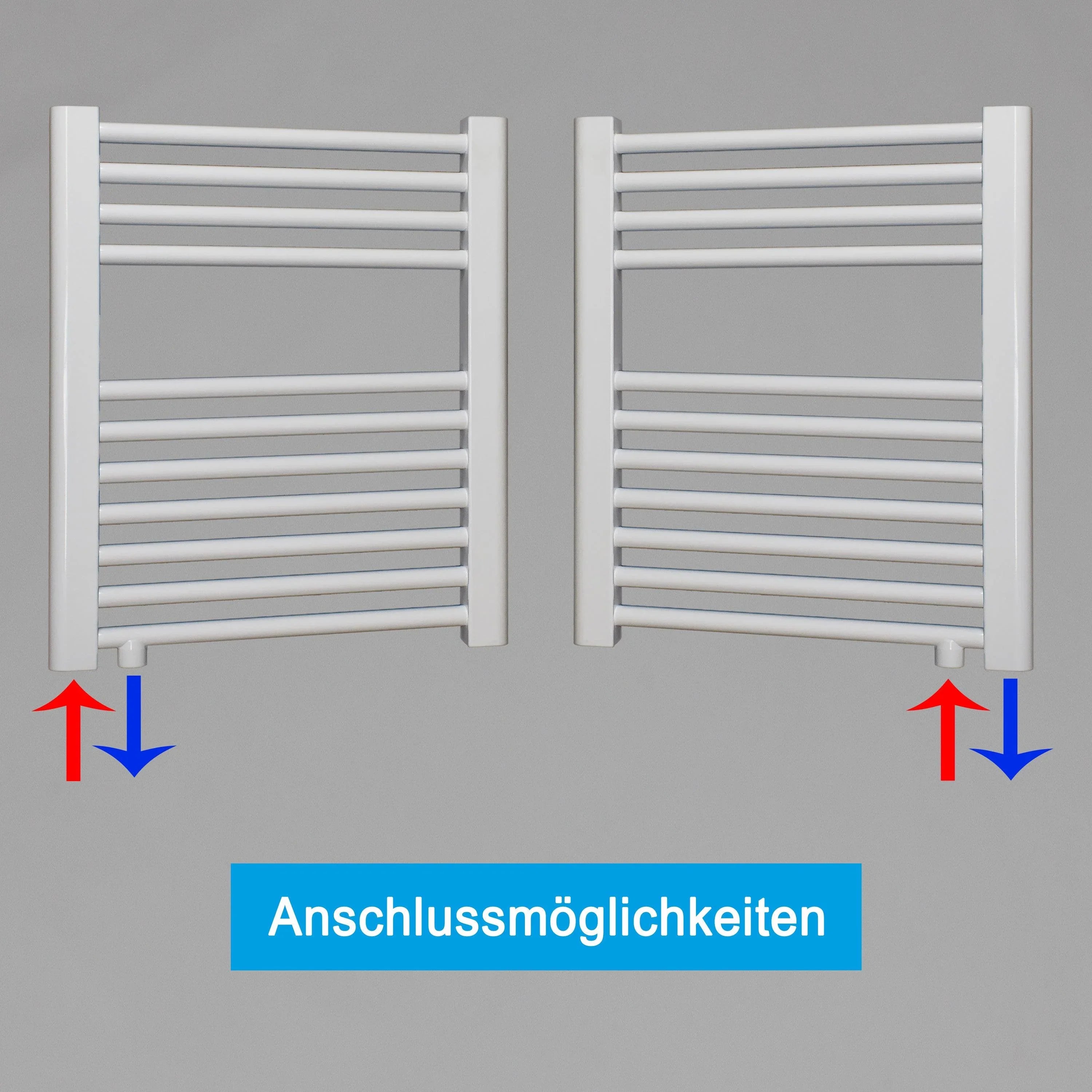 Handtuchheizkörper mit Anschluss links oder rechts | mit versetztem Mittelanschluss