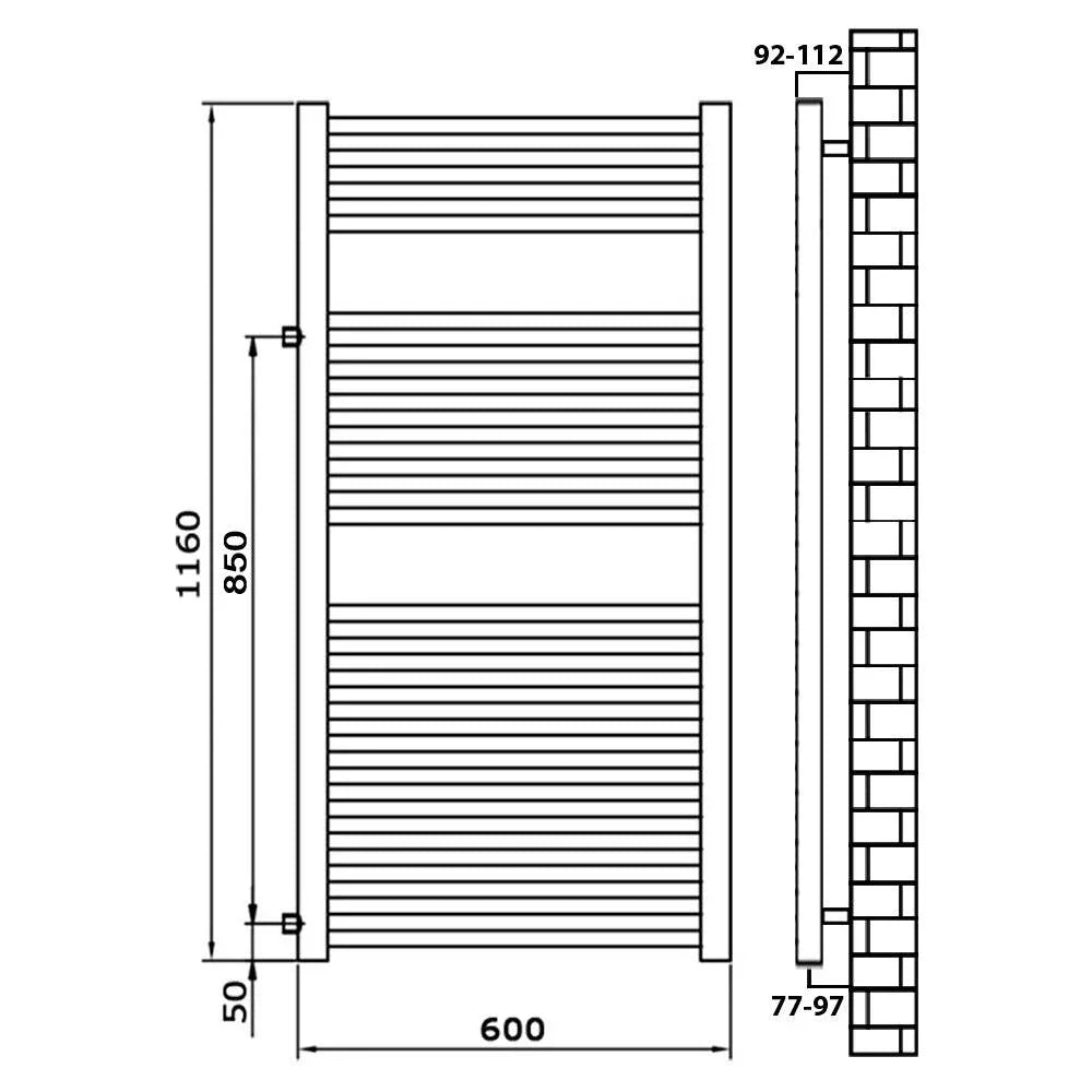 Badheizkörper Austauschheizkörper 1160 x 600 links rechts Seitenanschluss Nabenanschluss seitlicher Anschluss 850 Renovierung technische Zeichnung schwarz - heizkoerper.shop