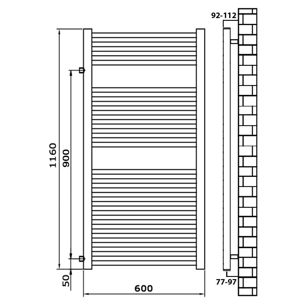 Badheizkörper Austauschheizkörper 1160 x 600 links rechts Seitenanschluss Nabenanschluss seitlicher Anschluss 900 Renovierung technische Zeichnung schwarz - heizkoerper.shop