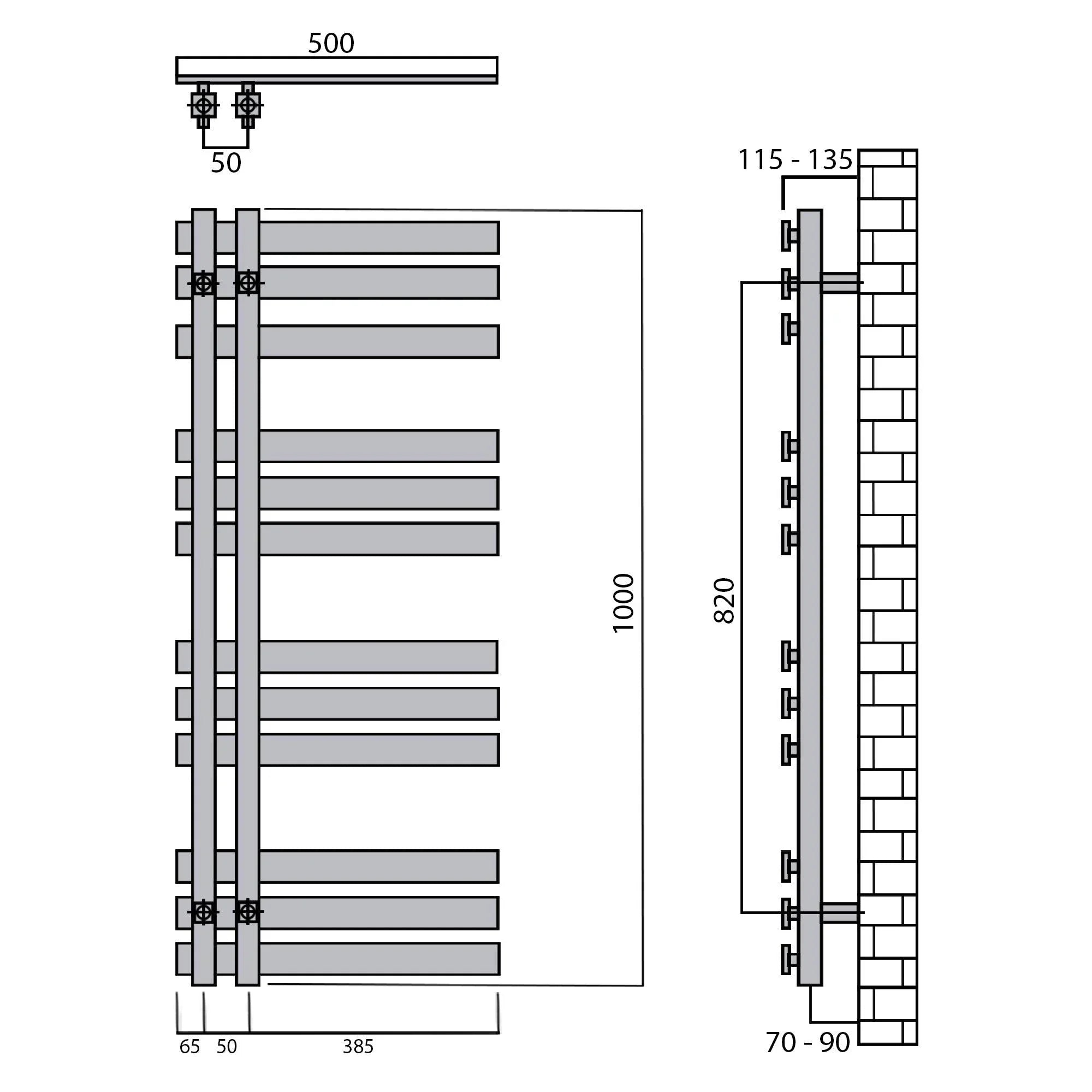 Badheizkörper 1000x500mm Anschluss links rechts schwarz matt seitlich offen technische Zeichnung - heizkoerper.shop