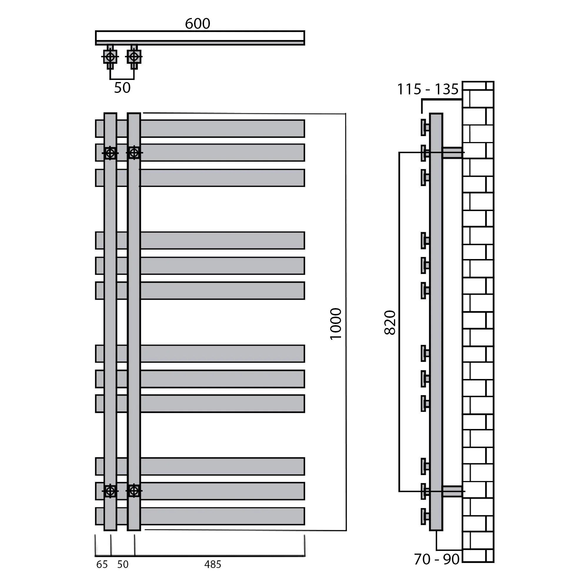 Badheizkörper 1000x600mm Anschluss links rechts schwarz matt seitlich offen technische Zeichnung - heizkoerper.shop