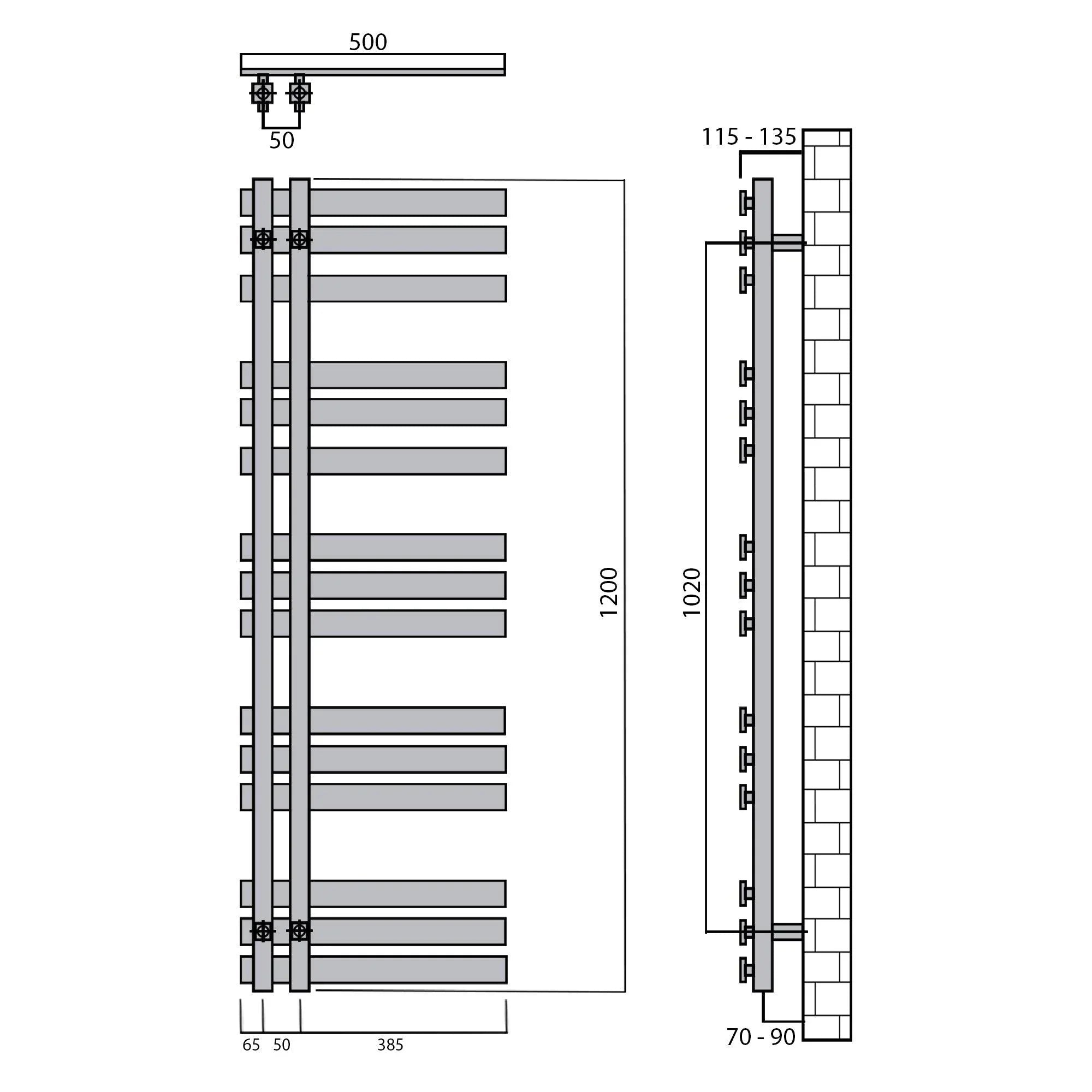 Badheizkörper 1200x500mm Anschluss links rechts schwarz matt seitlich offen technische Zeichnung - heizkoerper.shop