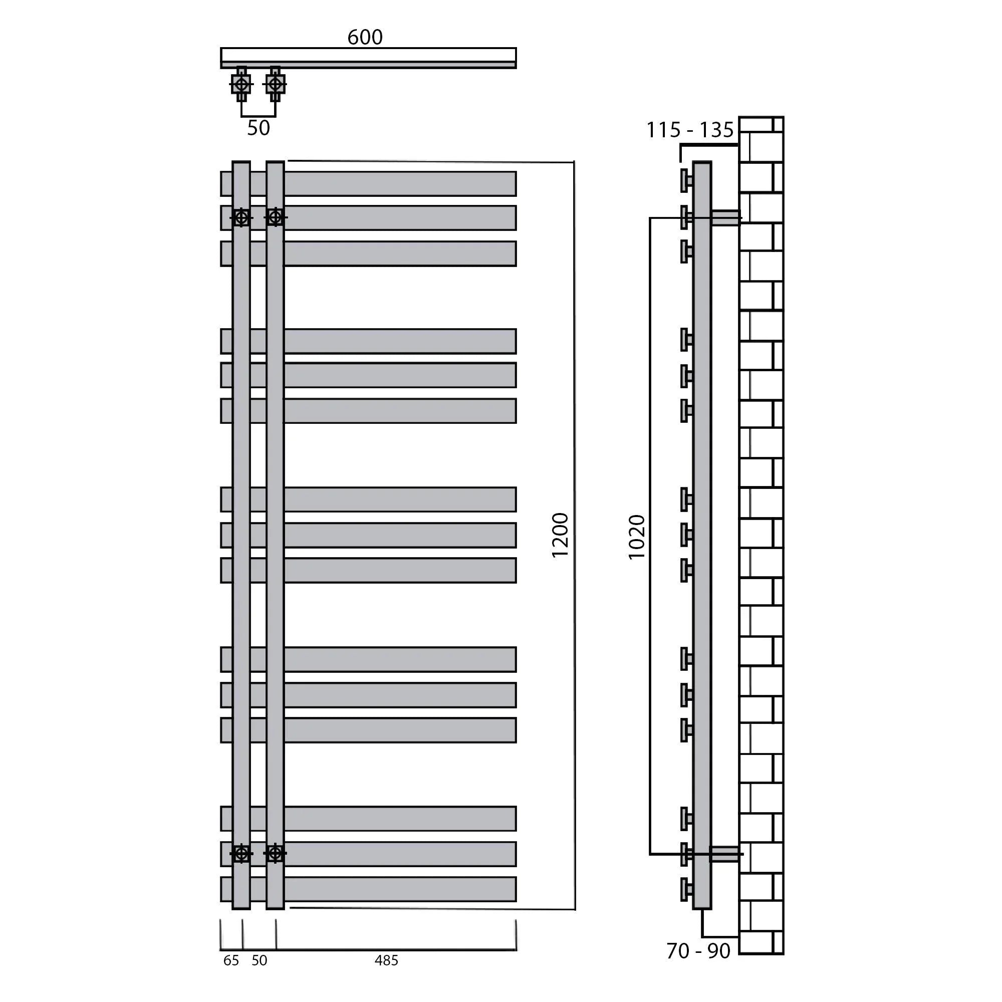 Badheizkörper 1200x600mm Anschluss links rechts schwarz matt seitlich offen technische Zeichnung - heizkoerper.shop