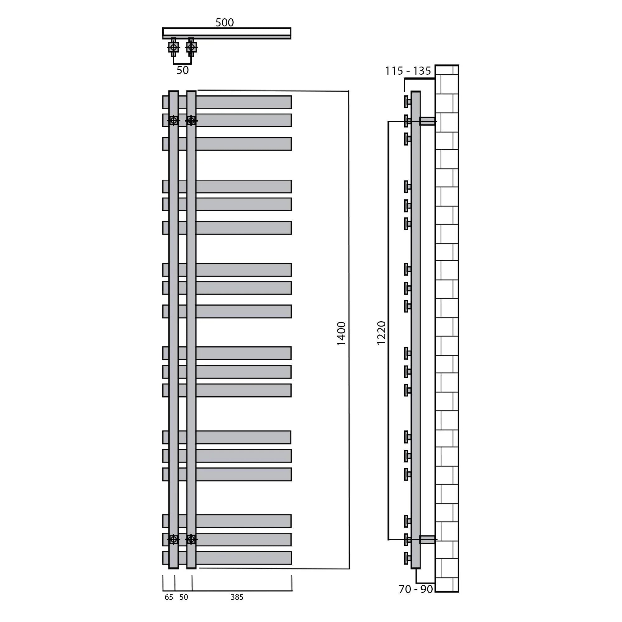 Badheizkörper 1400x500mm Anschluss links rechts schwarz matt seitlich offen technische Zeichnung - heizkoerper.shop