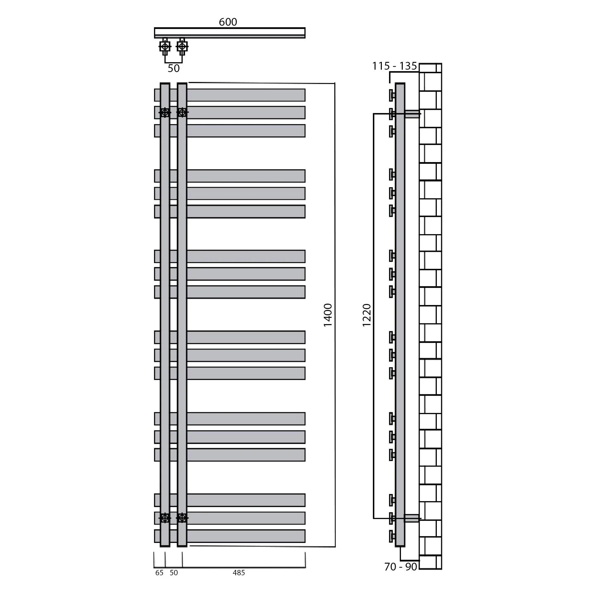 Badheizkörper 1400x600mm Anschluss links rechts schwarz matt seitlich offen technische Zeichnung - heizkoerper.shop