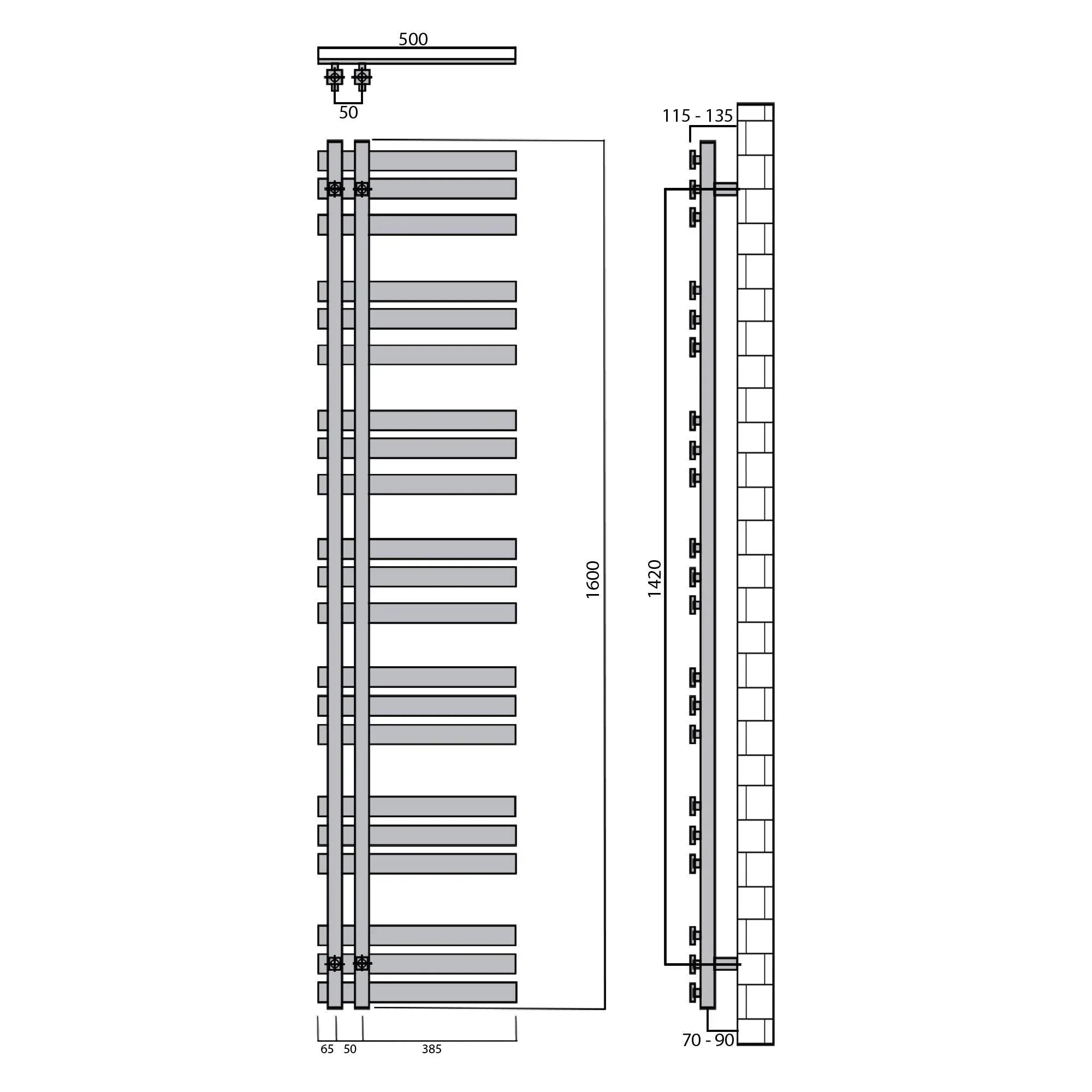 Badheizkörper 1600x500mm Anschluss links rechts schwarz matt seitlich offen technische Zeichnung - heizkoerper.shop