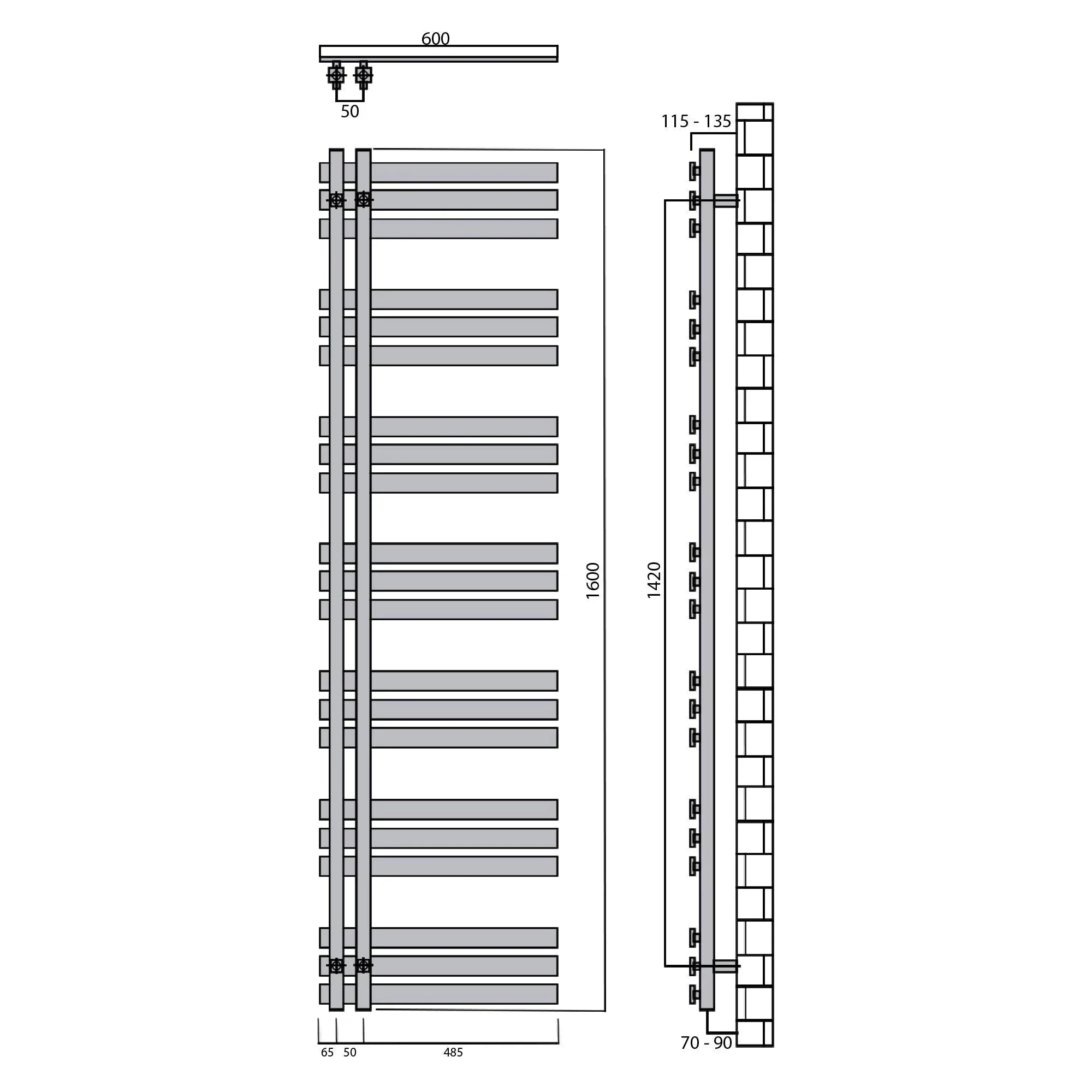 Badheizkörper 1600x600mm Anschluss links rechts schwarz matt seitlich offen technische Zeichnung - heizkoerper.shop