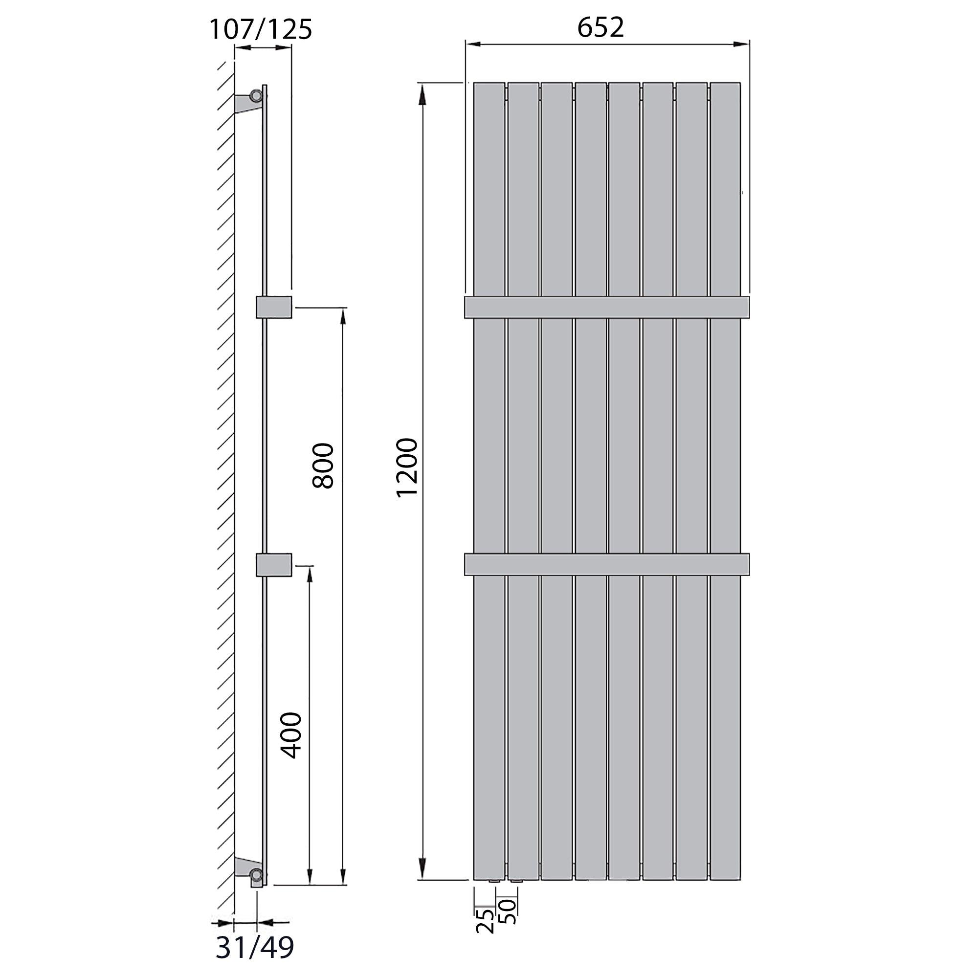 Flachheizkörper 1200 x 602 Handtuchstange Bad Anschluss links versetztem Mittelanschluss flach technische Zeichnung - heizkoerper.shop