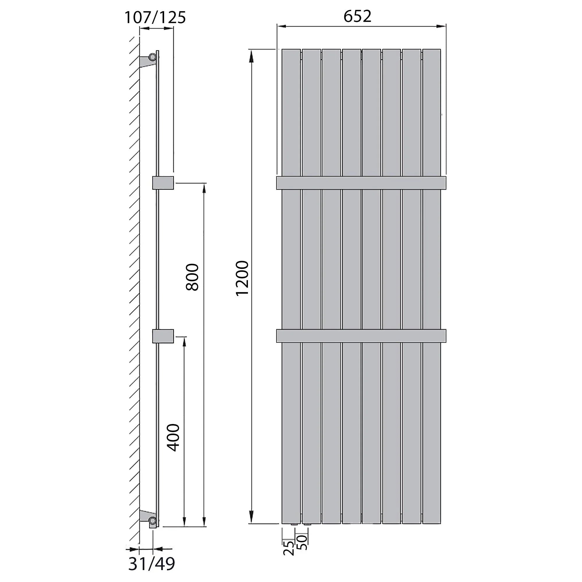 Design Paneelheizkörper 1200 x 602 Handtuchstange Bad Flachheizkörper Anschluss links versetztem Mittelanschluss flach technische Zeichnung - heizkoerper.shop