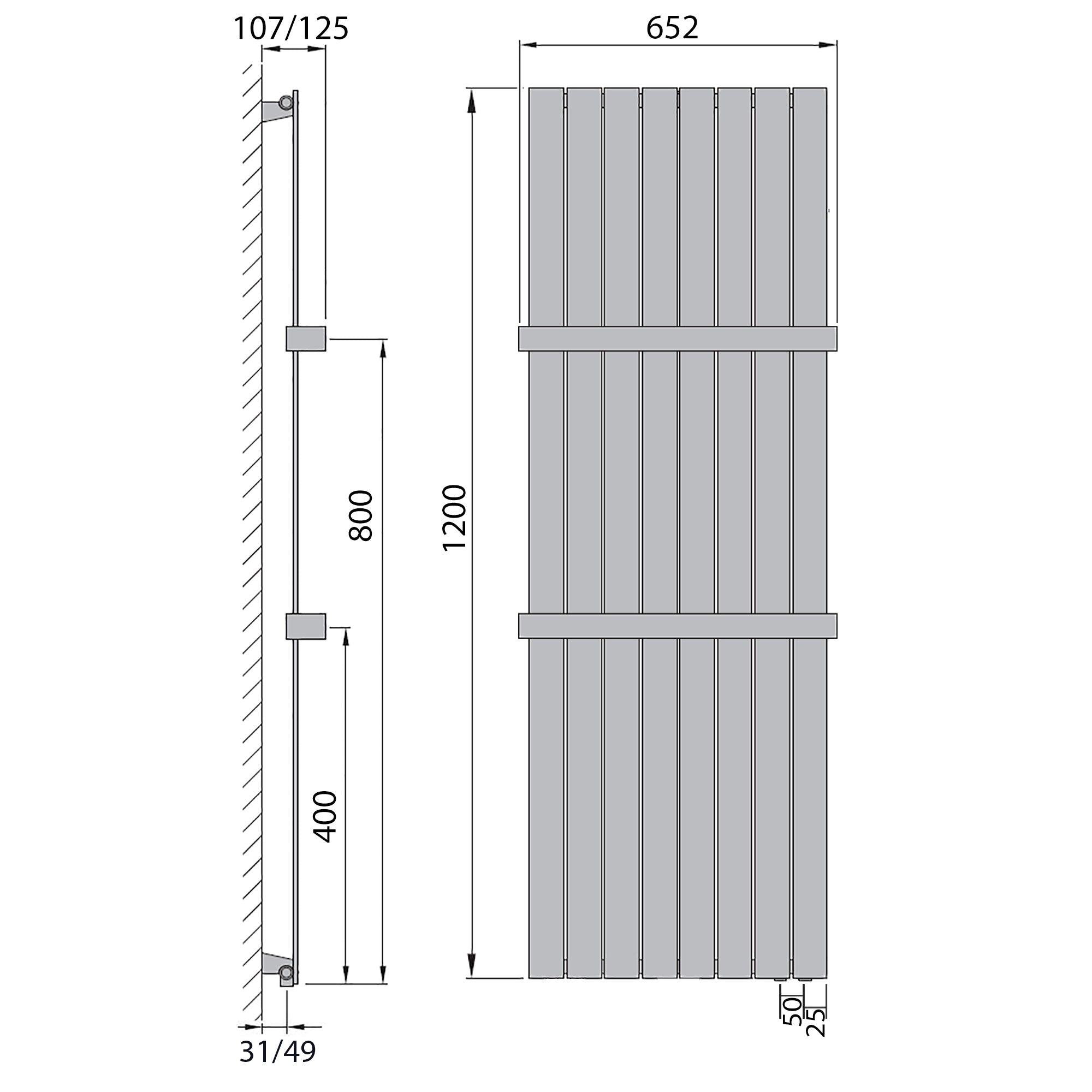 Flachheizkörper 1200 x 602 Handtuchstange Bad Anschluss rechts versetztem Mittelanschluss flach technische Zeichnung - heizkoerper.shop