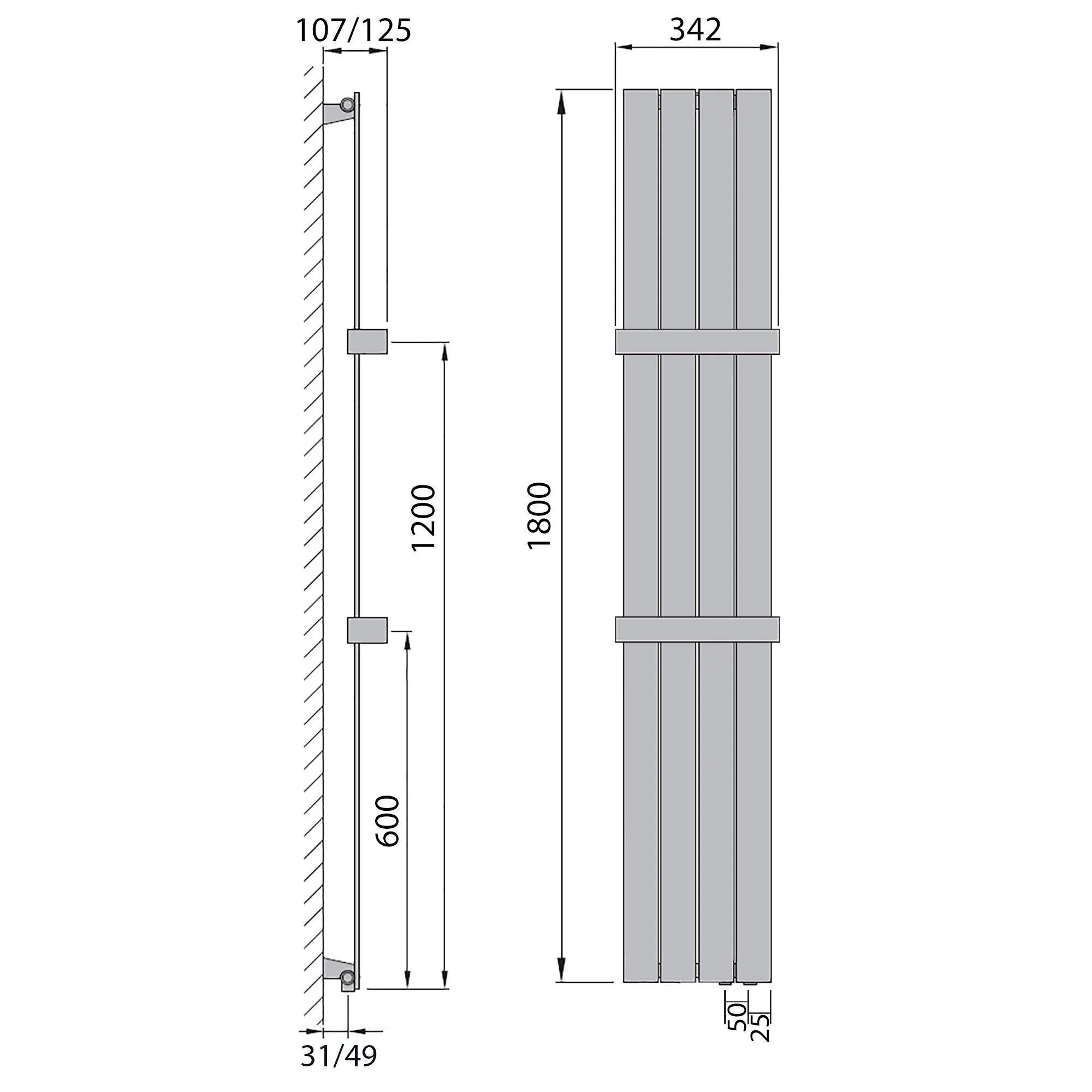 Design Paneelheizkörper 1800 x 298 Handtuchstange Bad Flachheizkörper Anschluss rechts versetztem Mittelanschluss flach technische Zeichnung - heizkoerper.shop