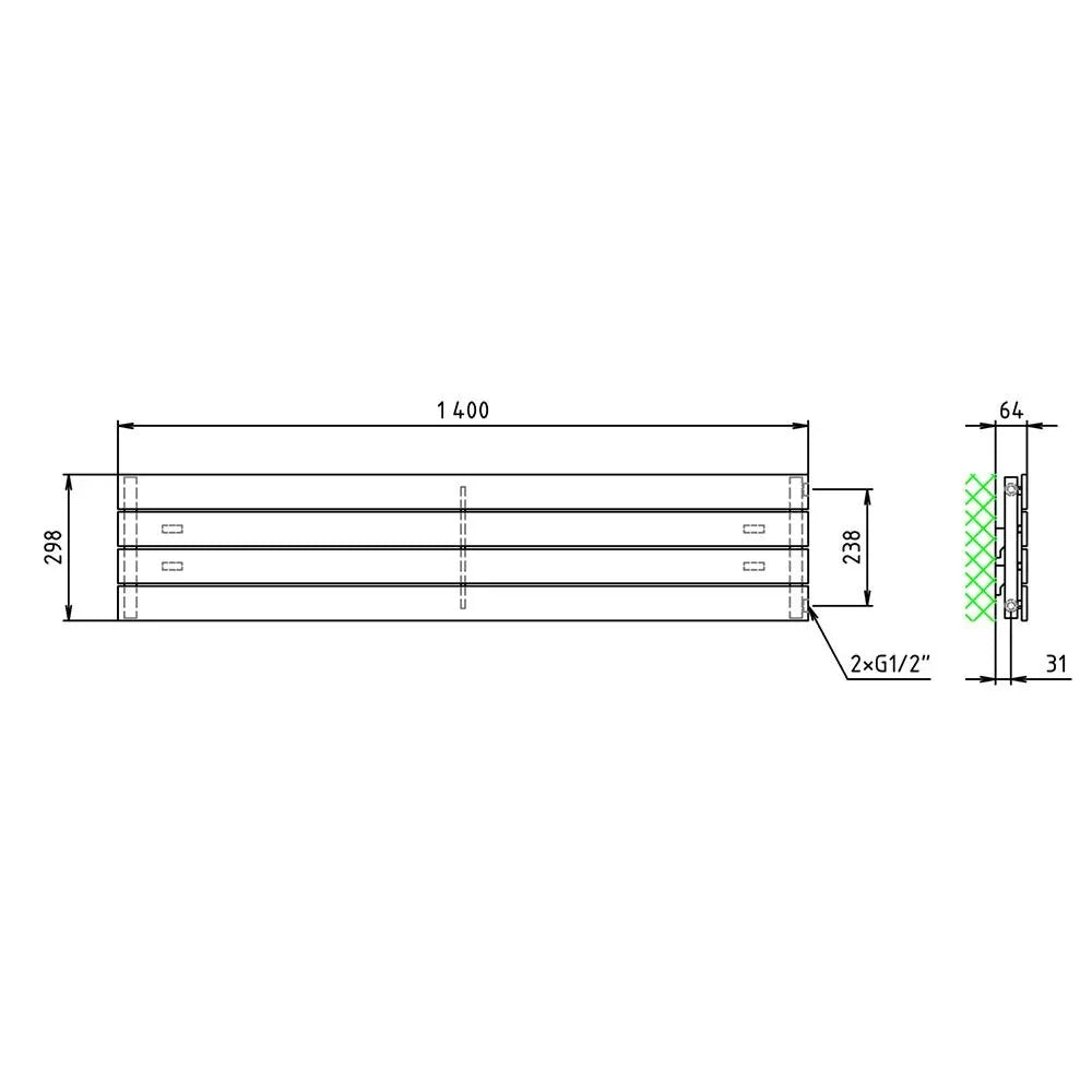 Design Paneelheizkörper 298 x 1400 horizontal mit seitlichem Anschluss Heizkörper Badheizkörper flach technische Zeichnung - heizkoerper.shop