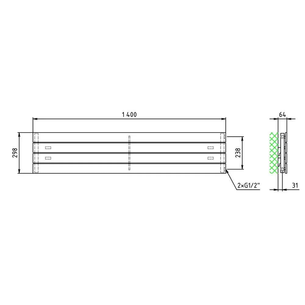 Flachheizkörper 298 x 1400 horizontal mit seitlichem Anschluss Heizkörper Badheizkörper flach technische Zeichnung - heizkoerper.shop