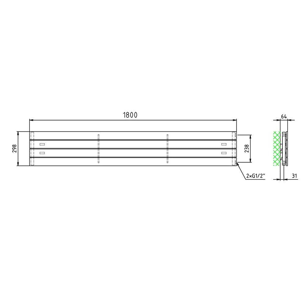 Flachheizkörper 298 x 1800 horizontal mit seitlichem Anschluss Heizkörper Badheizkörper flach technische Zeichnung - heizkoerper.shop