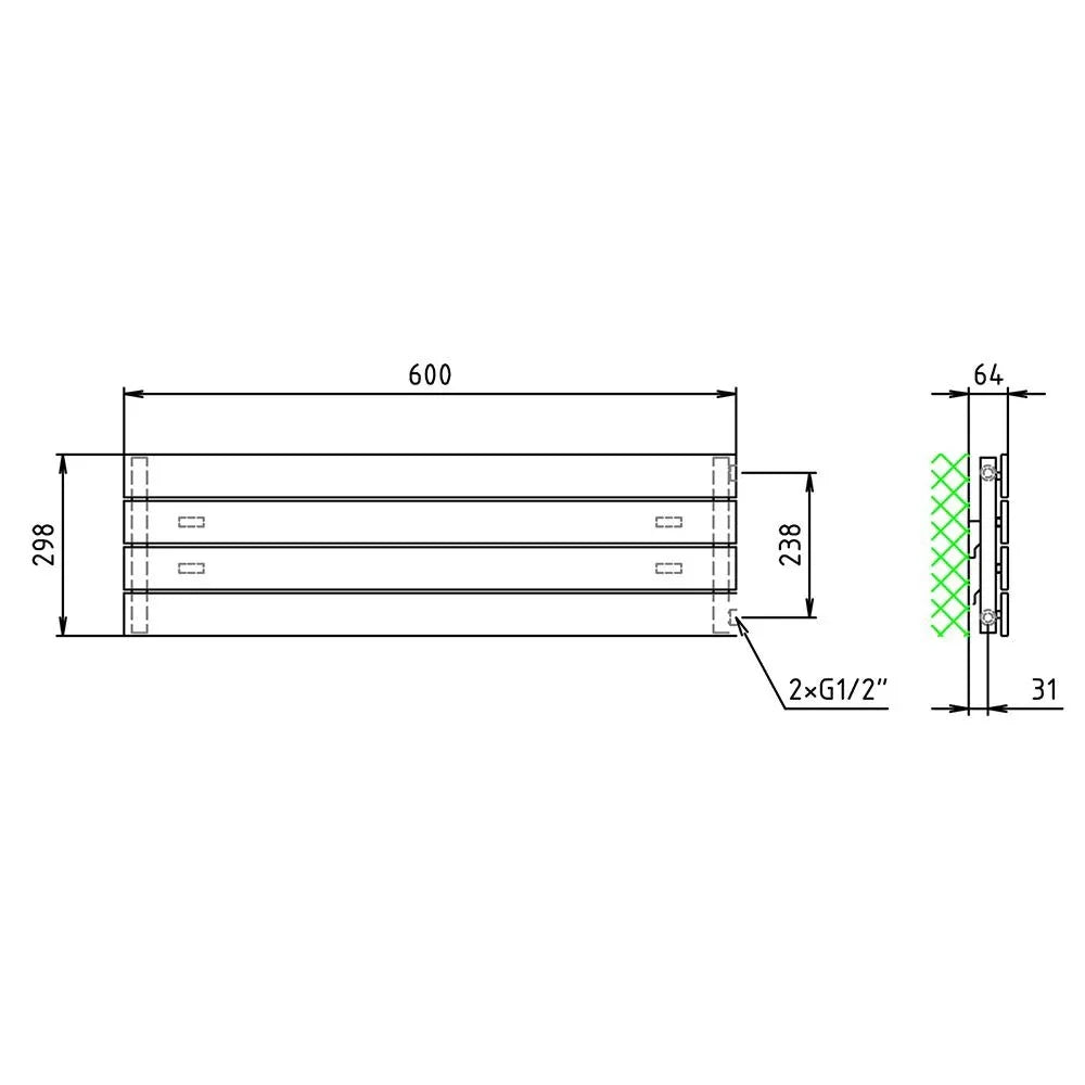 Design Paneelheizkörper 298 x 600 horizontal mit seitlichem Anschluss Heizkörper Badheizkörper flach technische Zeichnung - heizkoerper.shop