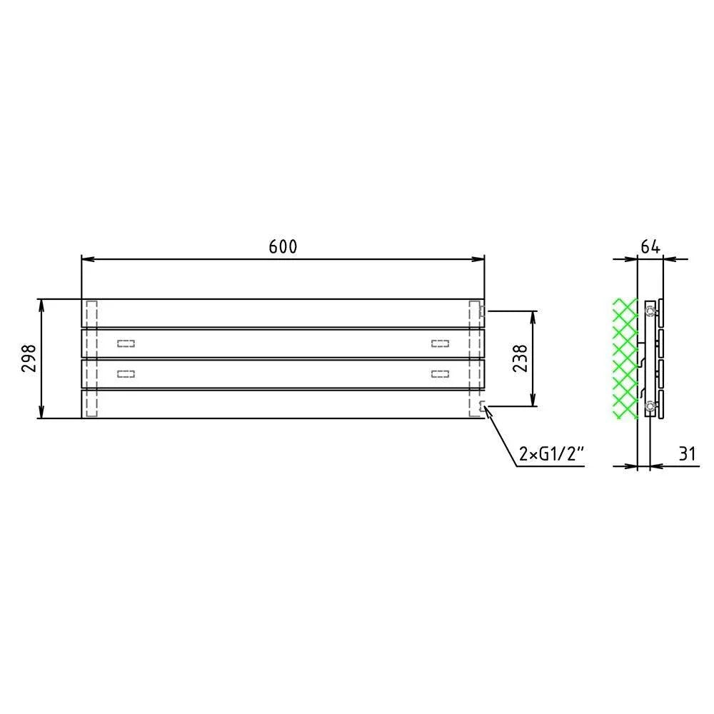 Flachheizkörper 298 x 600 horizontal mit seitlichem Anschluss Heizkörper Badheizkörper flach technische Zeichnung - heizkoerper.shop