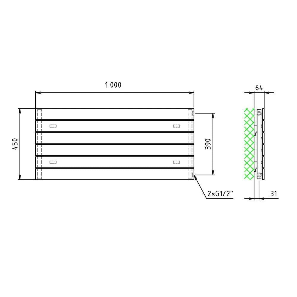 Flachheizkörper 450 x 1000 horizontal mit seitlichem Anschluss Heizkörper Badheizkörper flach technische Zeichnung - heizkoerper.shop