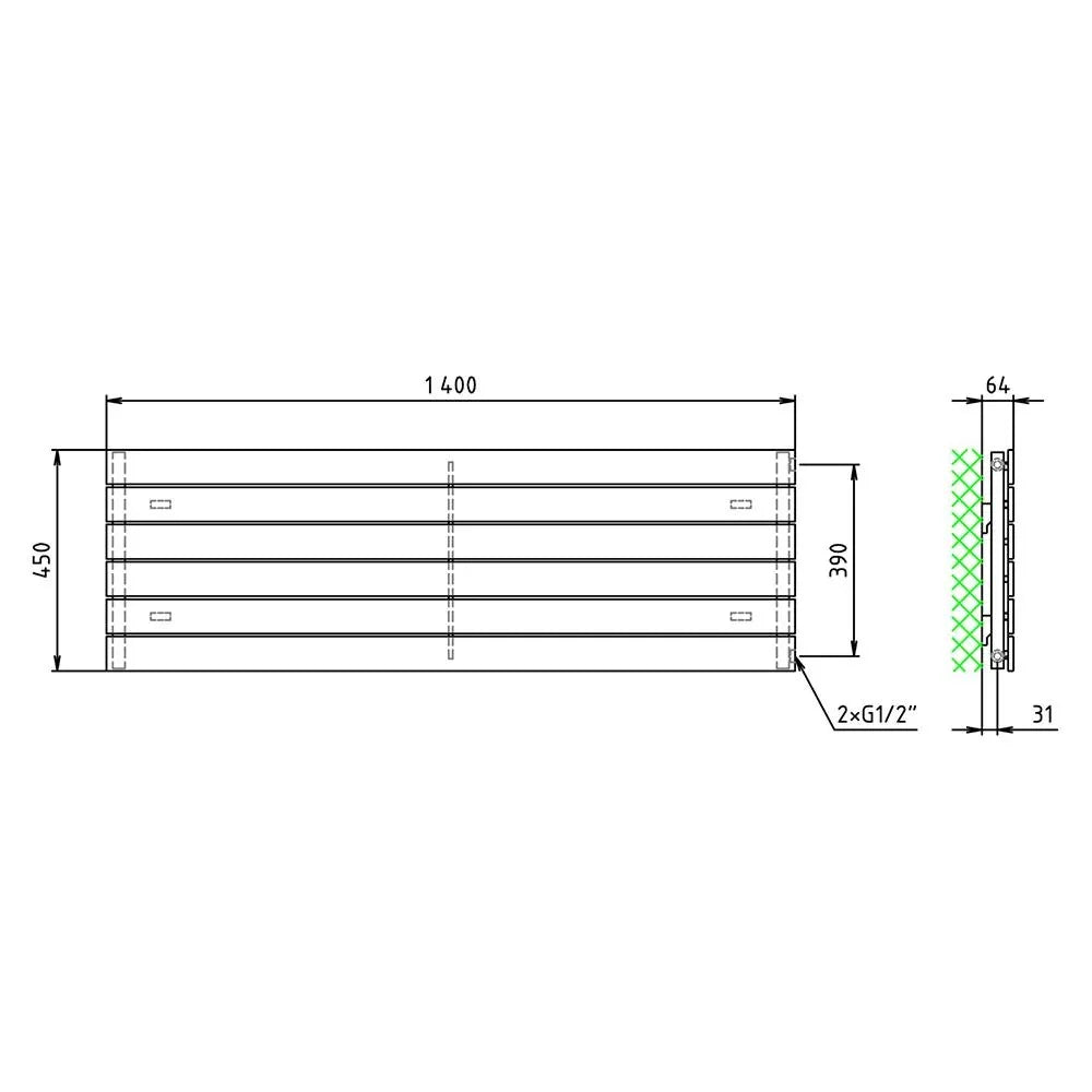 Design Paneelheizkörper 450 x 1400 horizontal mit seitlichem Anschluss Heizkörper Badheizkörper flach technische Zeichnung - heizkoerper.shop