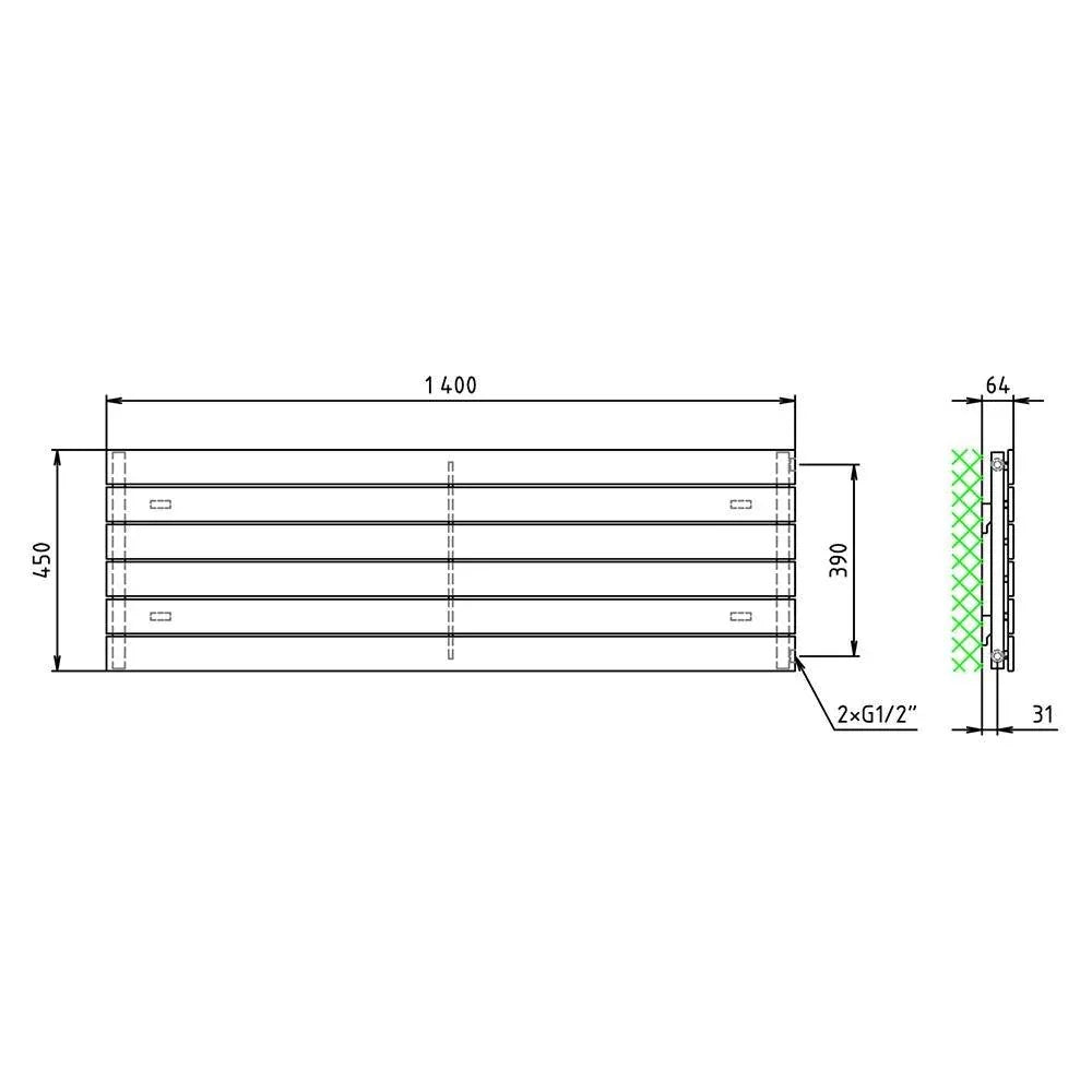 Flachheizkörper 450 x 1400 horizontal mit seitlichem Anschluss Heizkörper Badheizkörper flach technische Zeichnung - heizkoerper.shop