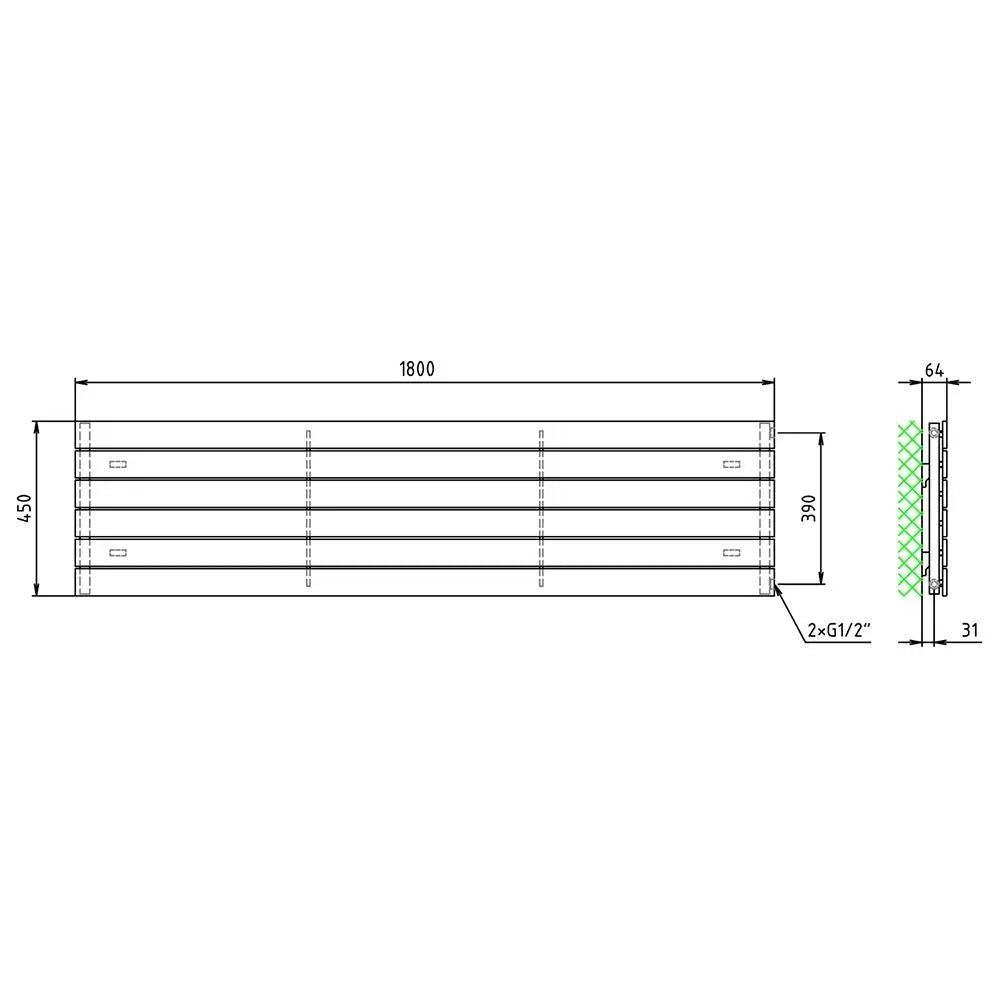 Flachheizkörper 450 x 1800 horizontal mit seitlichem Anschluss Heizkörper Badheizkörper flach technische Zeichnung - heizkoerper.shop