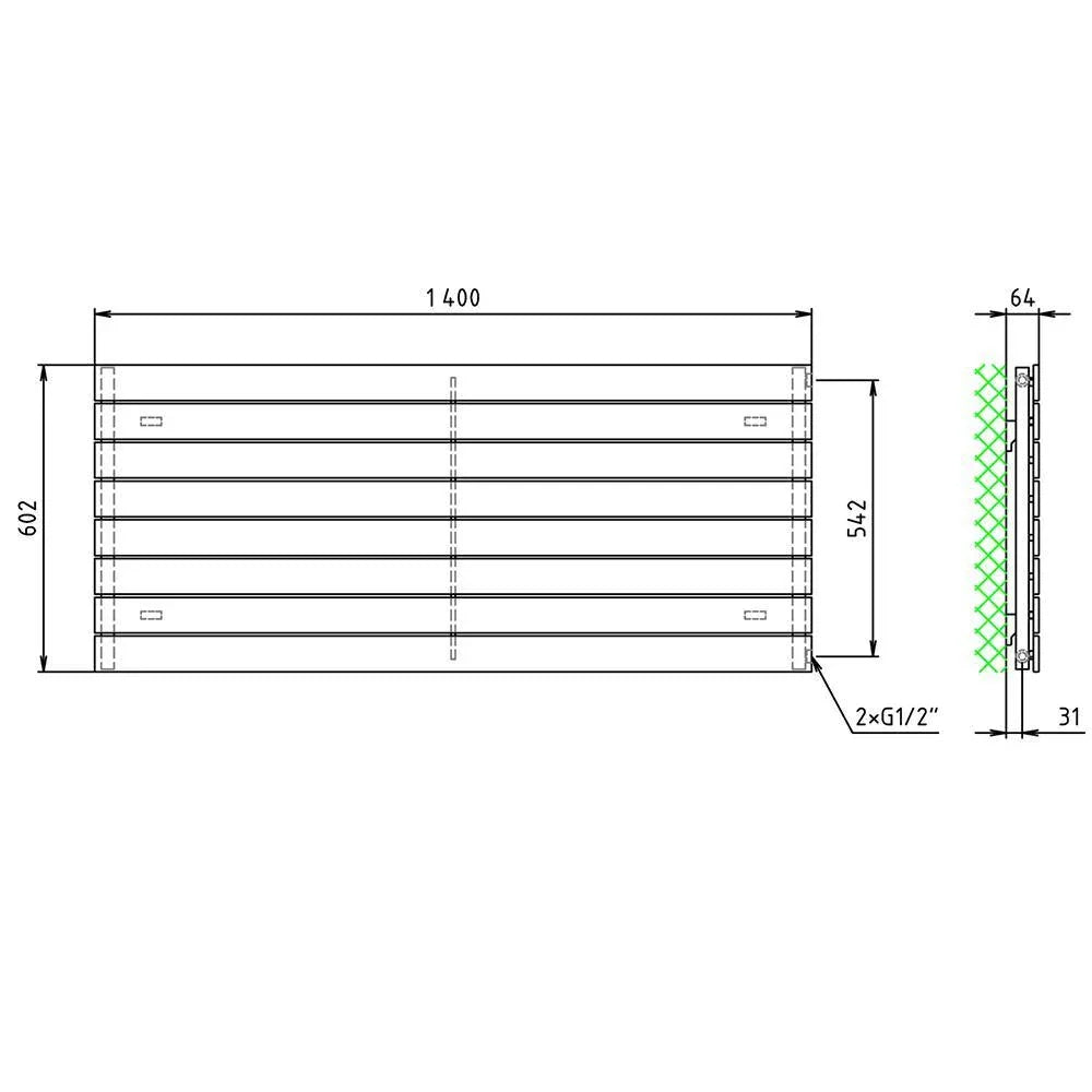 Flachheizkörper 602 x 1400 horizontal mit seitlichem Anschluss Heizkörper Badheizkörper flach technische Zeichnung - heizkoerper.shop