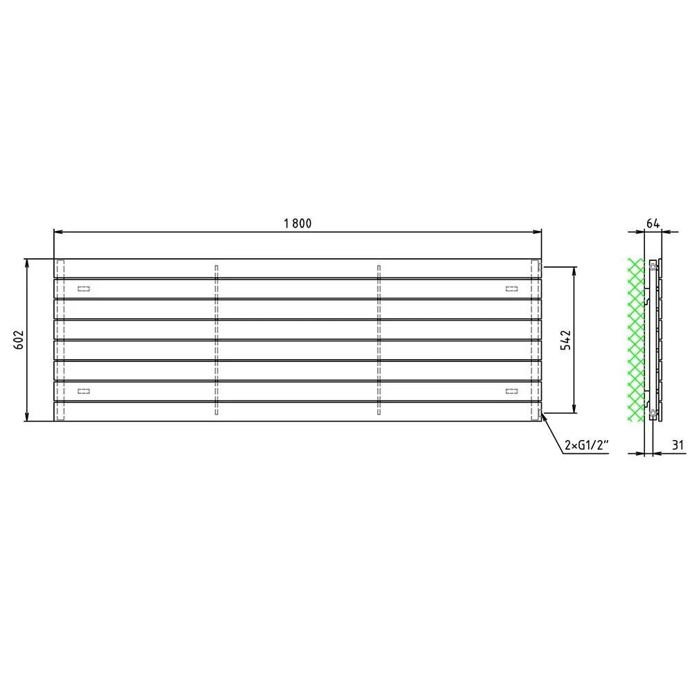 Design Paneelheizkörper 602 x 1800 horizontal mit seitlichem Anschluss Heizkörper Badheizkörper flach technische Zeichnung - heizkoerper.shop