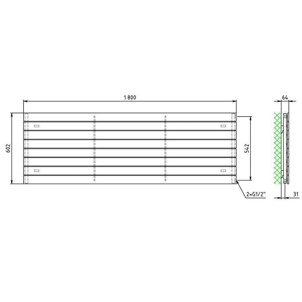 Flachheizkörper 602 x 1800 horizontal mit seitlichem Anschluss Heizkörper Badheizkörper flach technische Zeichnung - heizkoerper.shop