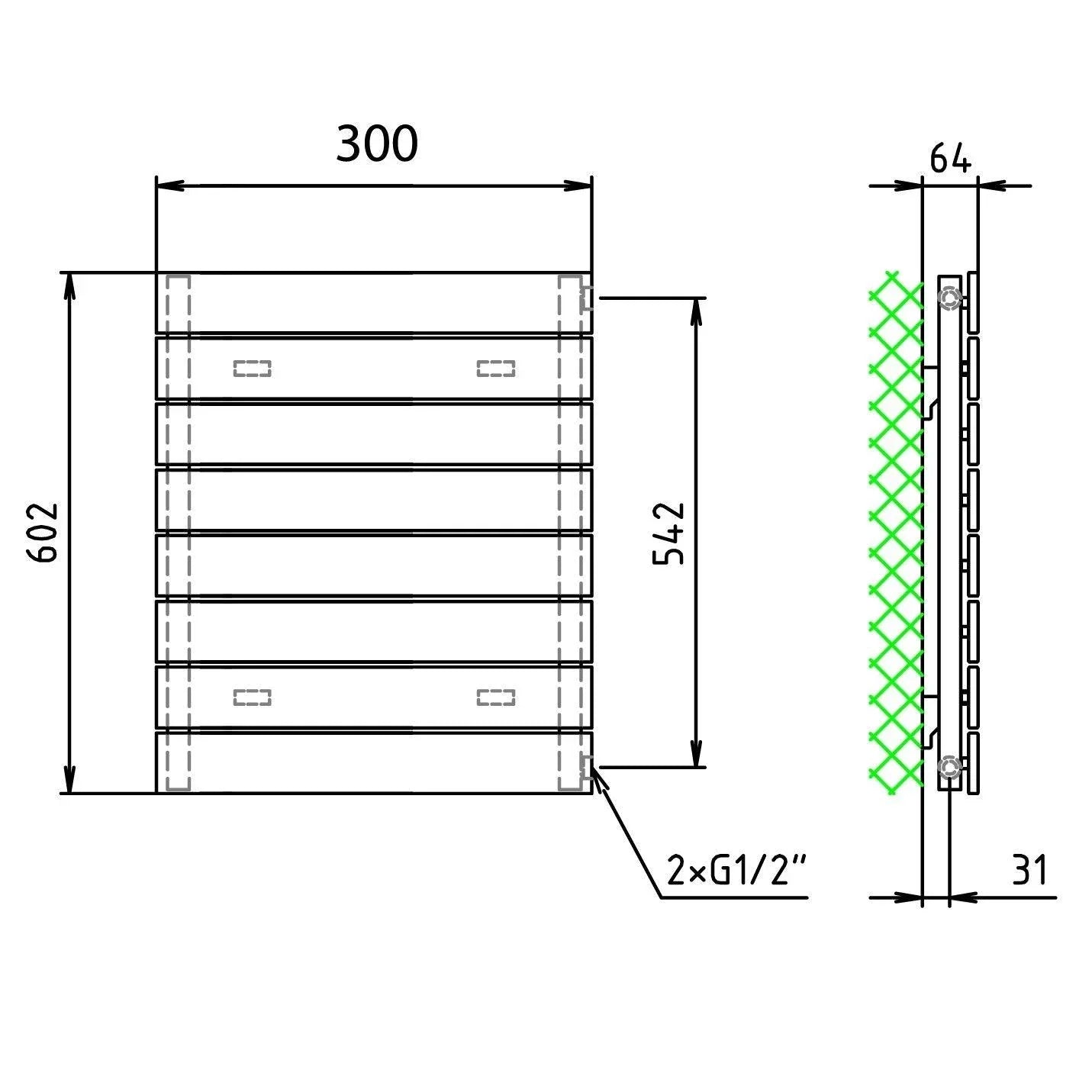 Flachheizkörper 602 x 300 horizontal mit seitlichem Anschluss Heizkörper Badheizkörper flach technische Zeichnung - heizkoerper.shop