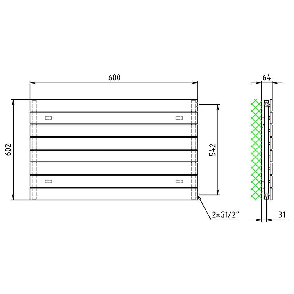 Flachheizkörper 602 x 600 horizontal mit seitlichem Anschluss Heizkörper Badheizkörper flach technische Zeichnung - heizkoerper.shop