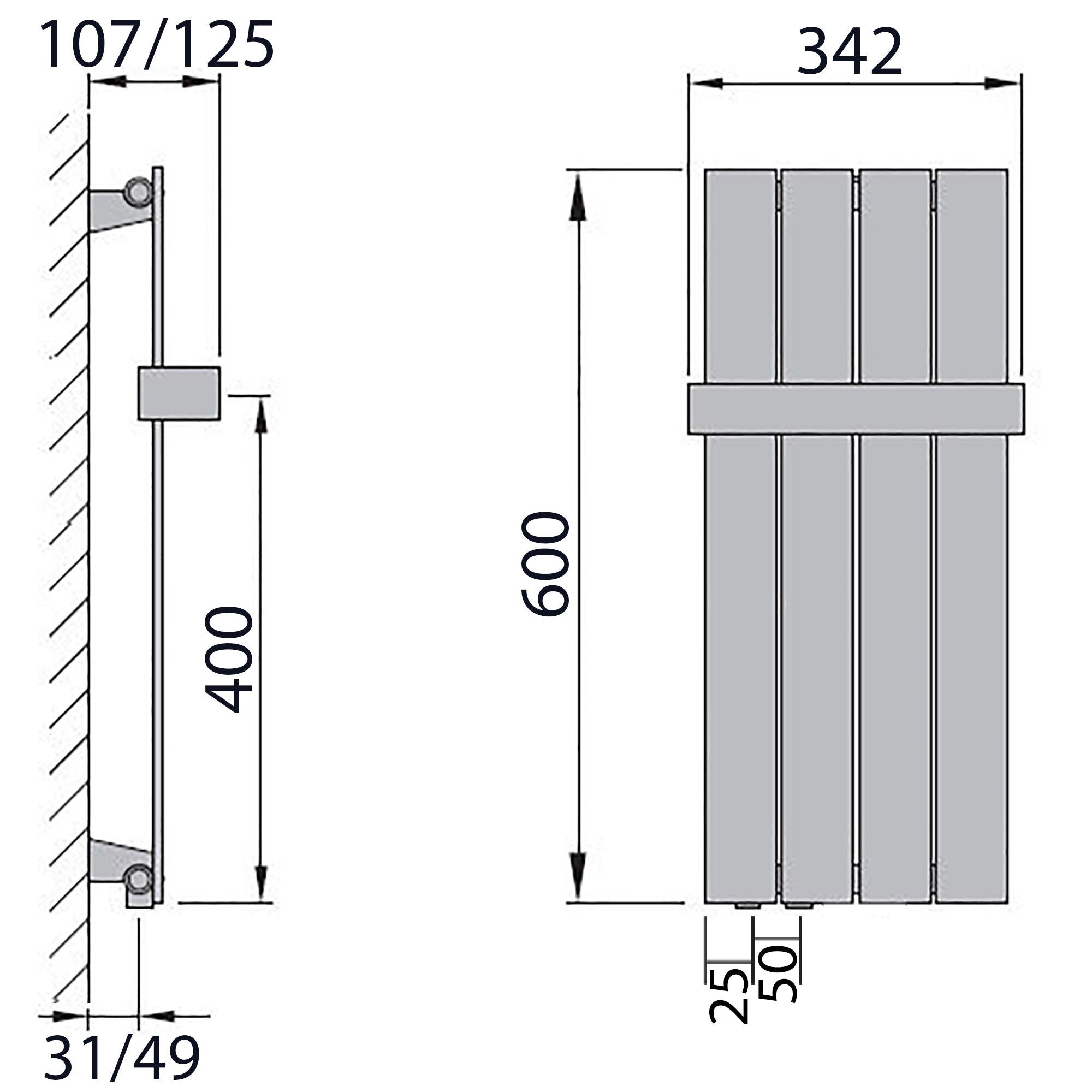Flachheizkörper 600 x 298 Handtuchstange Bad Anschluss links versetztem Mittelanschluss flach technische Zeichnung - heizkoerper.shop