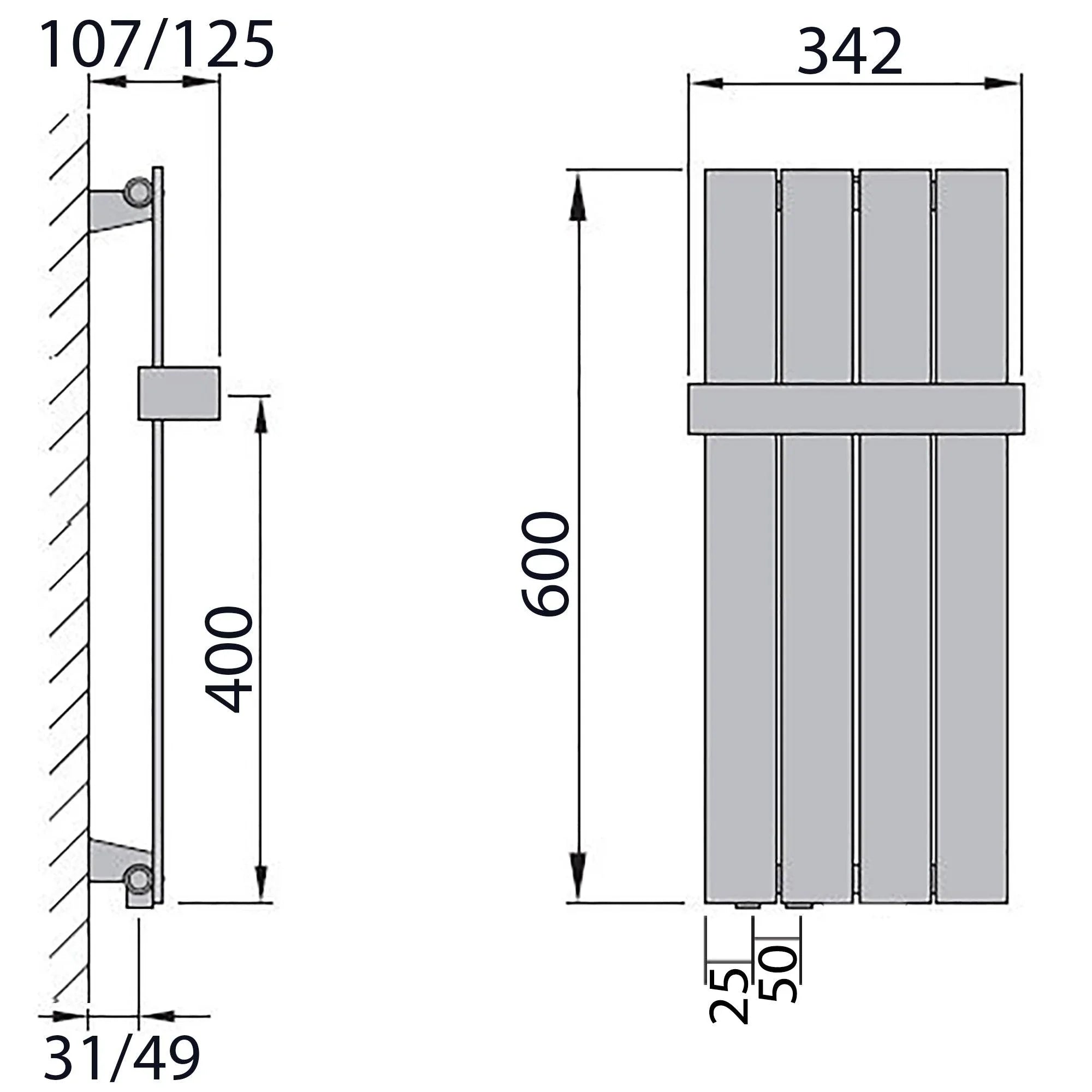 Design Paneelheizkörper 600 x 298 Handtuchstange Bad Flachheizkörper Anschluss links versetztem Mittelanschluss flach technische Zeichnung - heizkoerper.shop