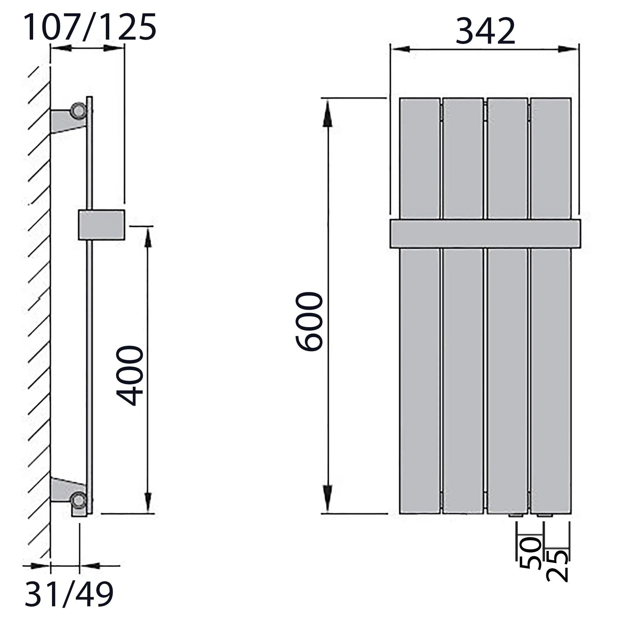 Design Paneelheizkörper 600 x 298 Handtuchstange Bad Flachheizkörper Anschluss rechts versetztem Mittelanschluss flach technische Zeichnung - heizkoerper.shop