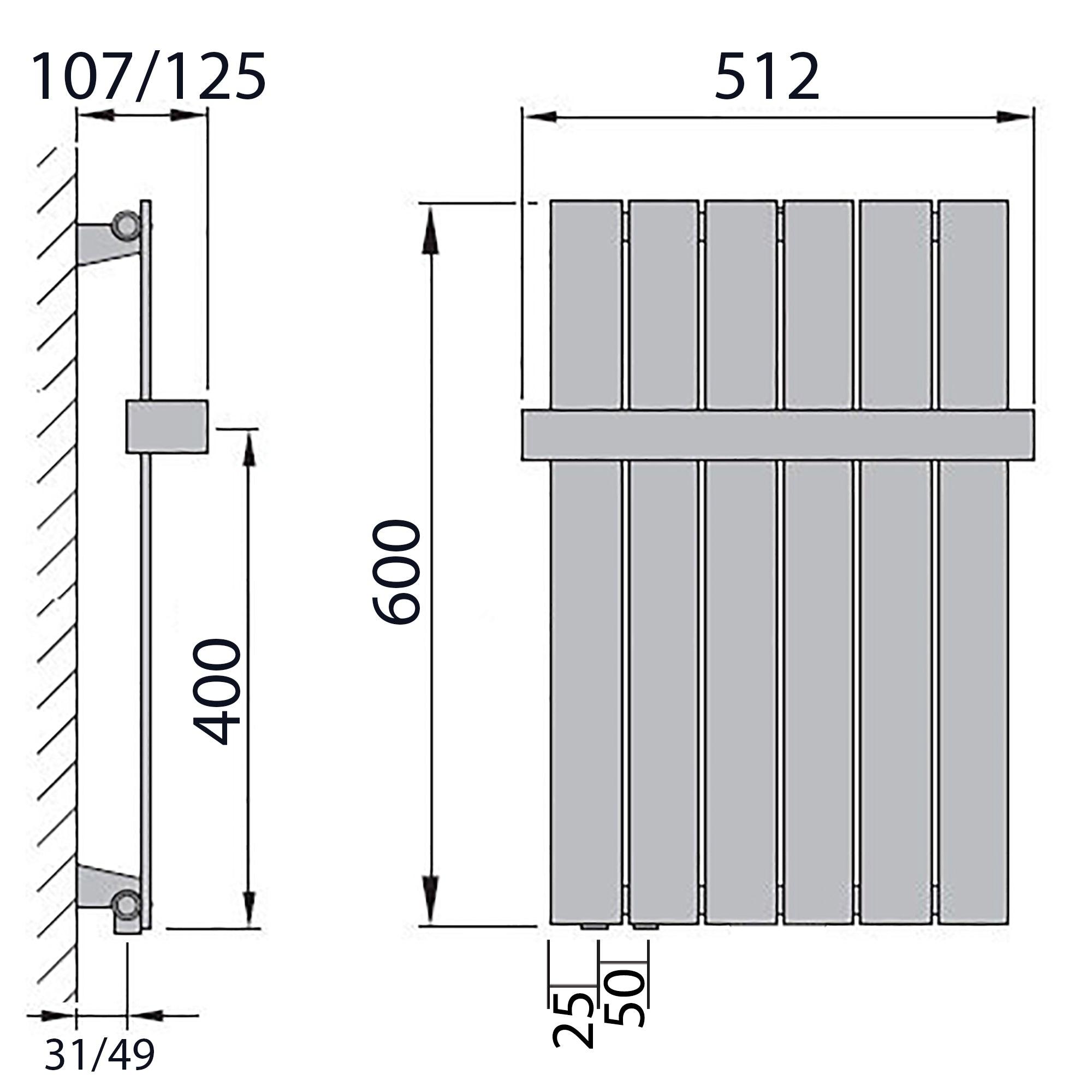 Flachheizkörper 600 x 450 Handtuchstange Bad Anschluss links versetztem Mittelanschluss flach technische Zeichnung - heizkoerper.shop