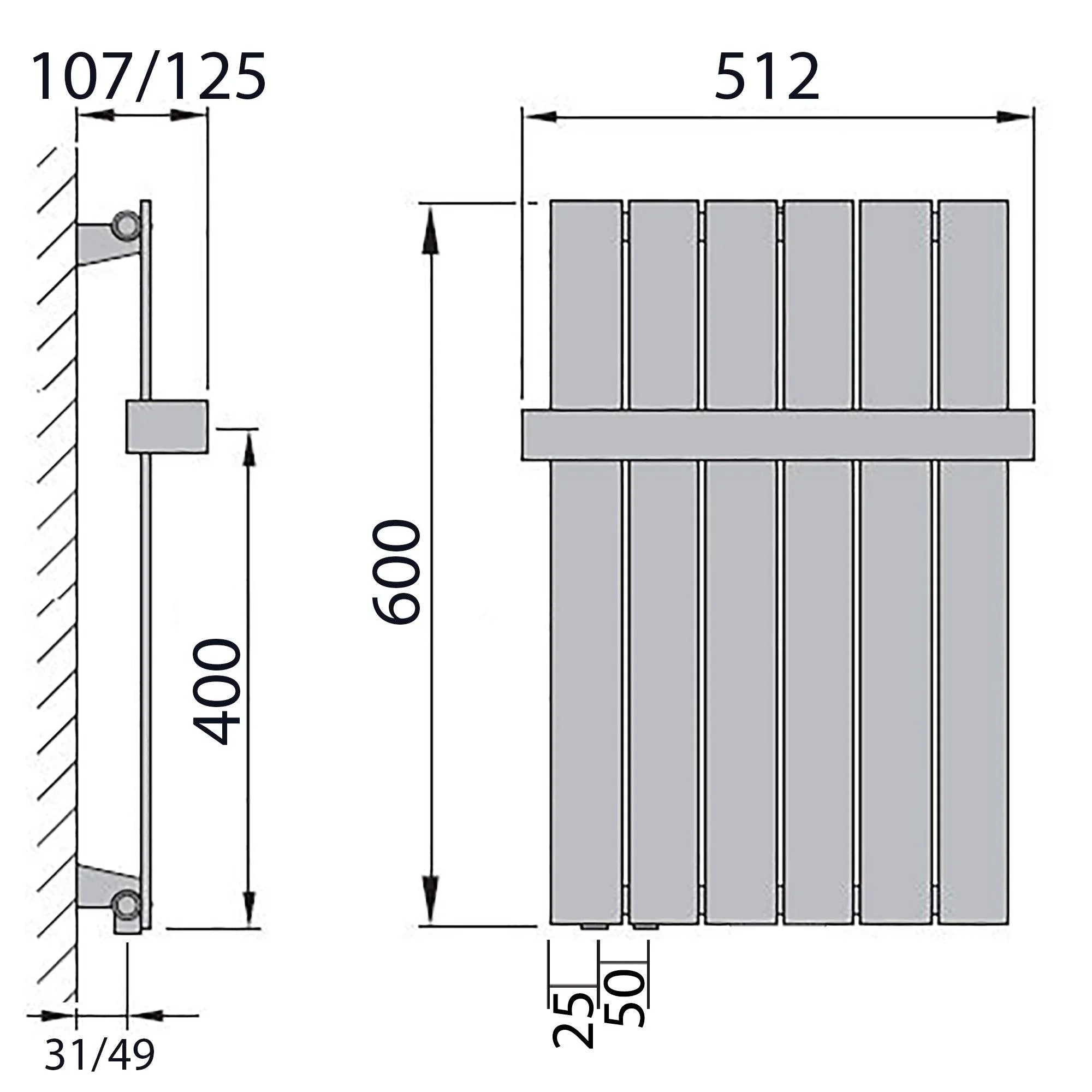 Design Paneelheizkörper 600 x 450 Handtuchstange Bad Flachheizkörper Anschluss links versetztem Mittelanschluss flach technische Zeichnung - heizkoerper.shop