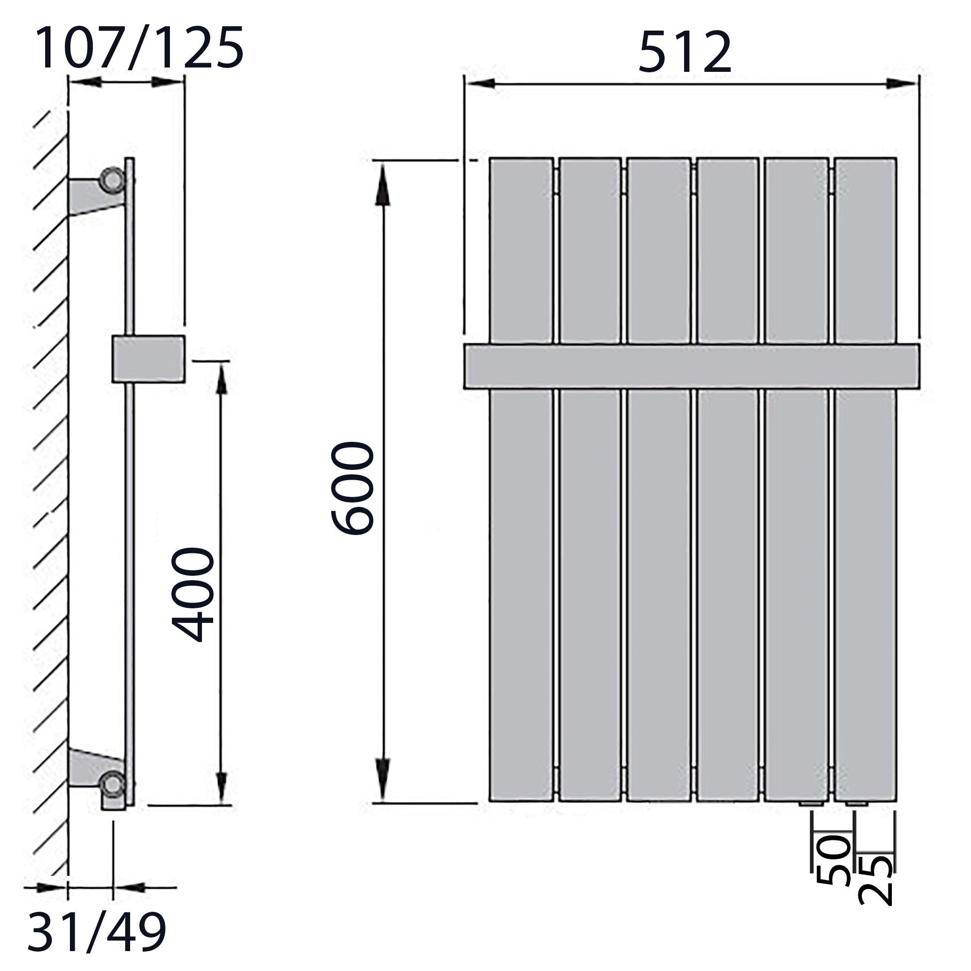 Flachheizkörper 600 x 450 Handtuchstange Bad Anschluss rechts versetztem Mittelanschluss flach technische Zeichnung - heizkoerper.shop