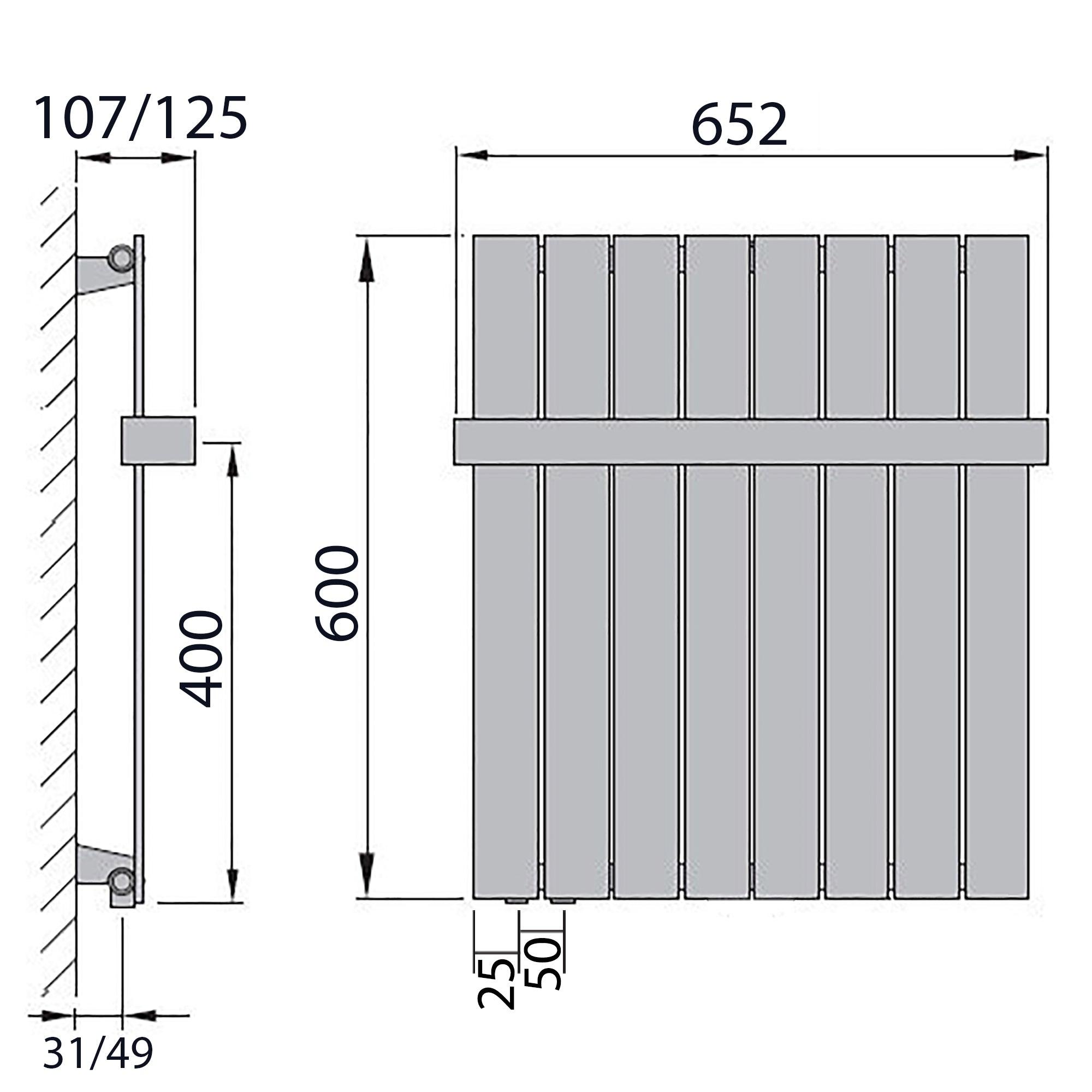 Flachheizkörper 600 x 602 Handtuchstange Bad Anschluss links versetztem Mittelanschluss flach technische Zeichnung - heizkoerper.shop